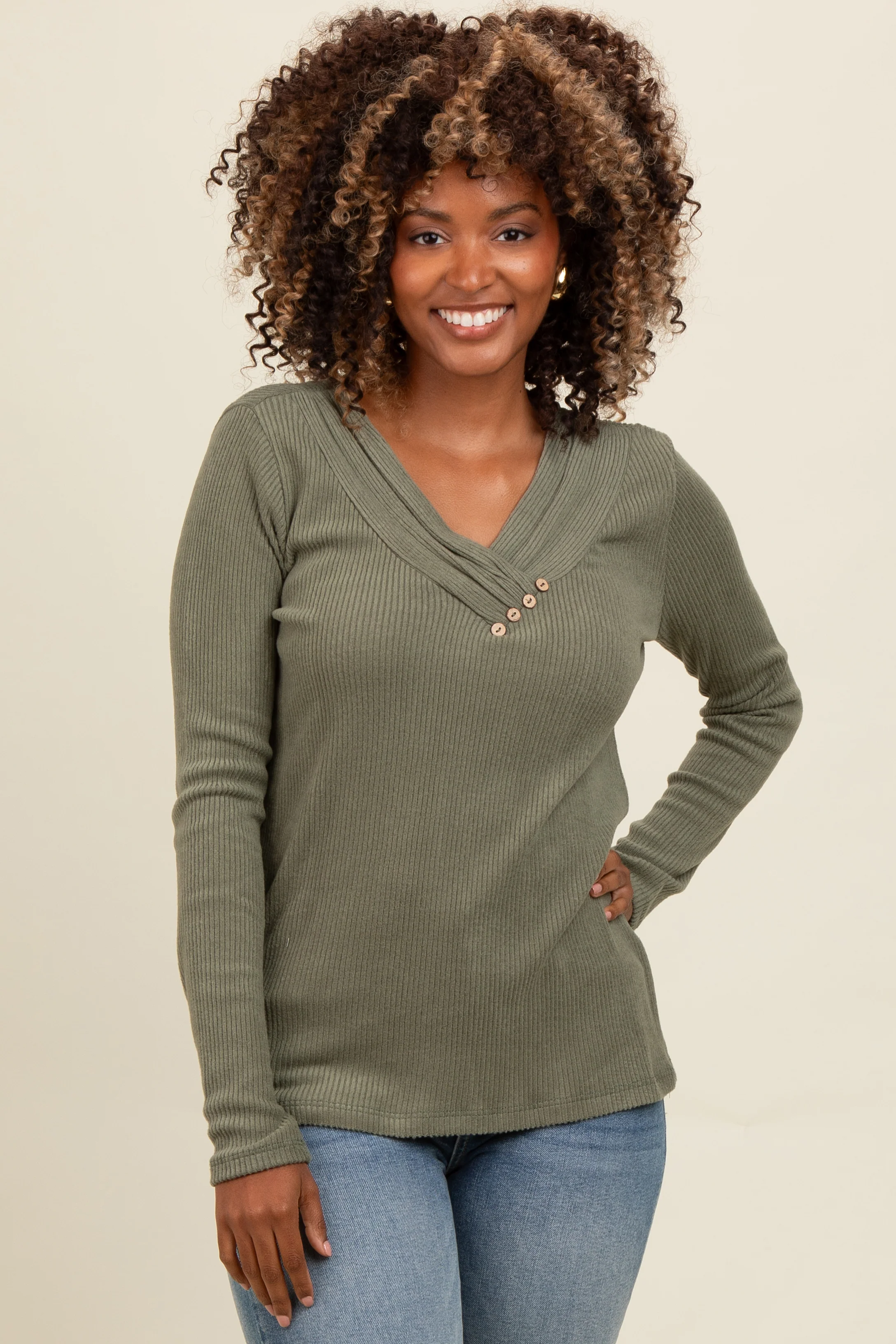 Light Olive V-Neck Long Sleeve Maternity Top - Image 5