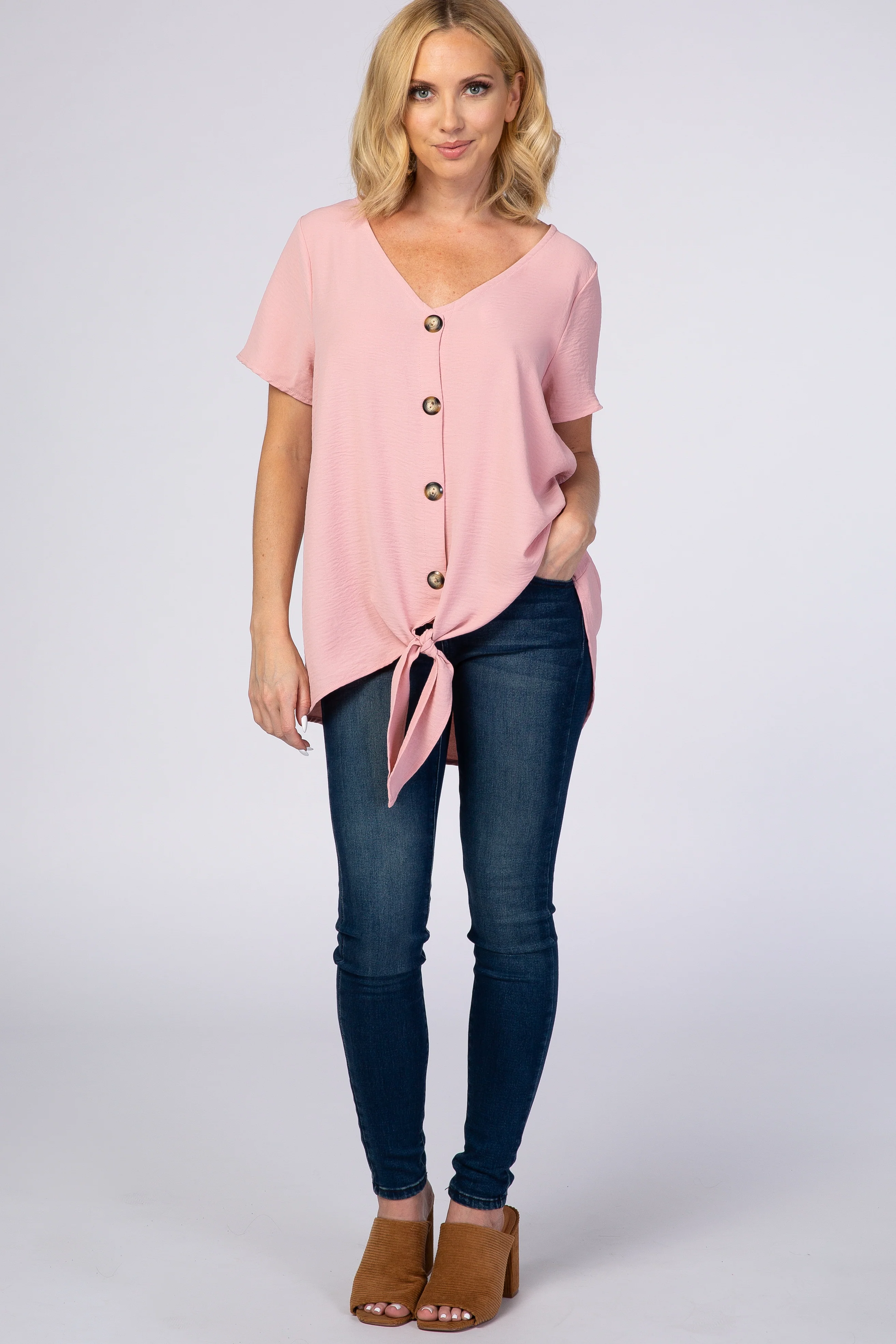 Light Pink Button Tie Front Top - Image 4