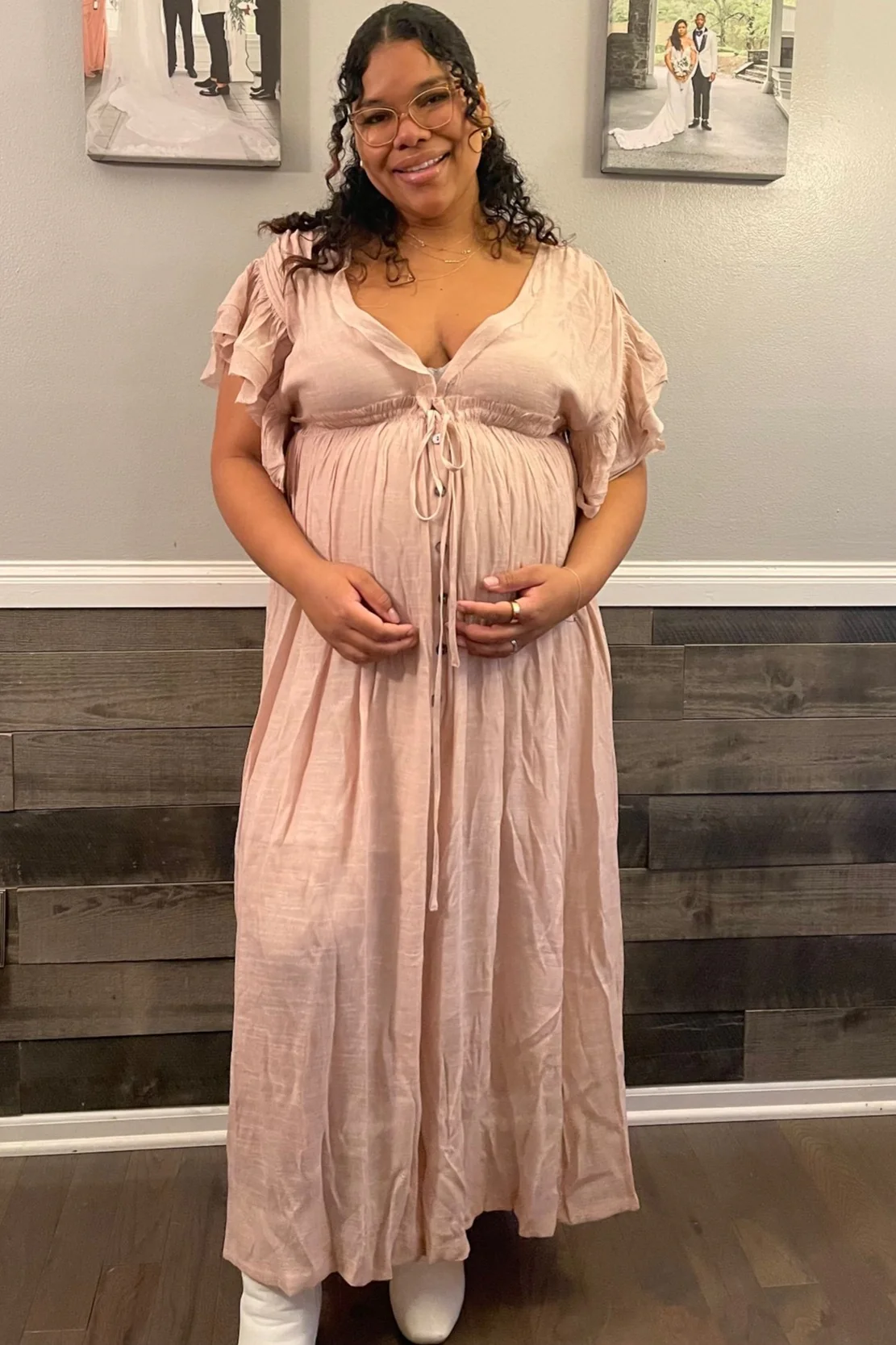 Light Pink Deep V-Neck Button Down Maternity Maxi Dress - Image 4