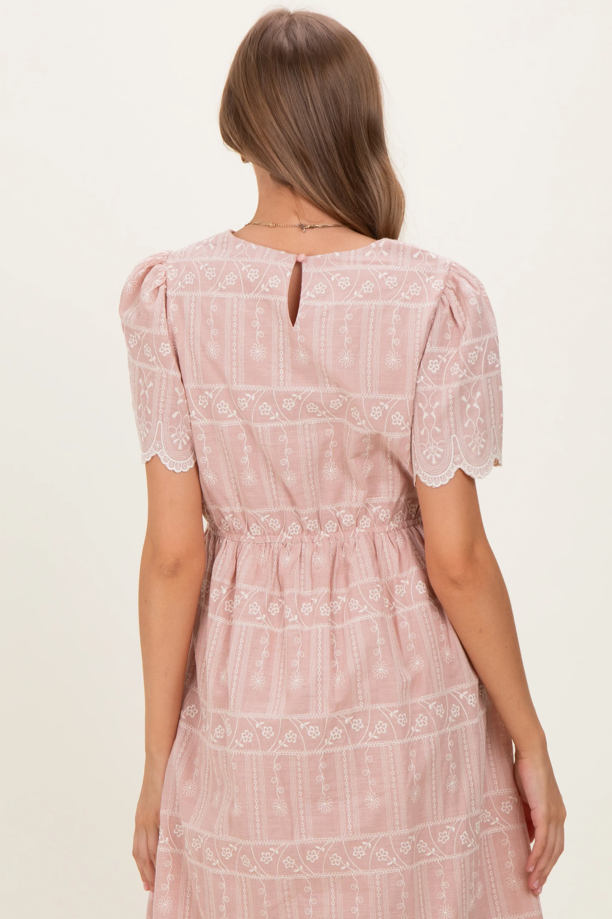 Light Pink Embroidered Floral Maternity Midi Dress - Image 4