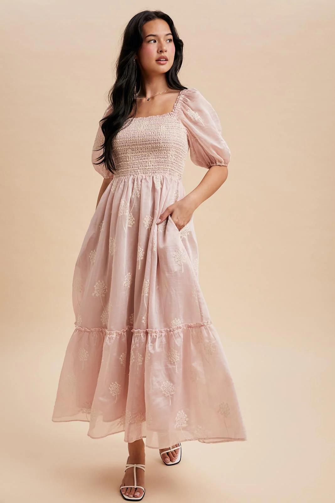 Light Pink Embroidered Floral Smocked Maxi Dress - Image 3