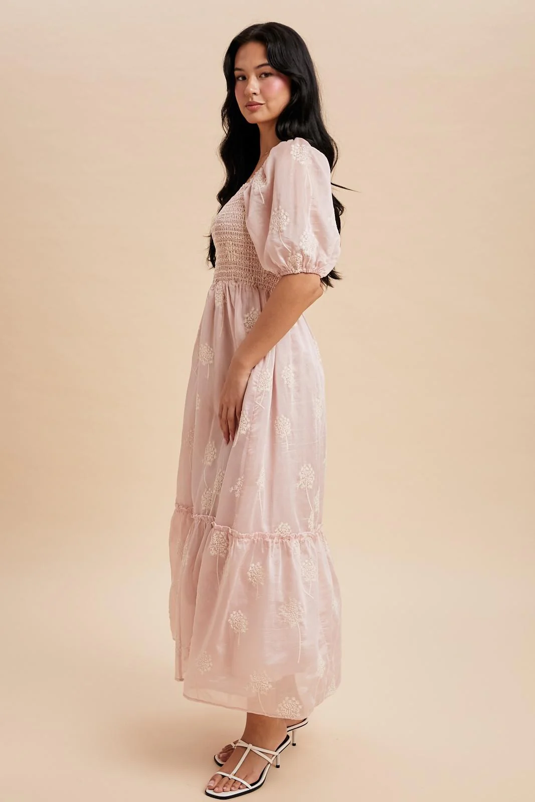 Light Pink Embroidered Floral Smocked Maxi Dress - Image 4