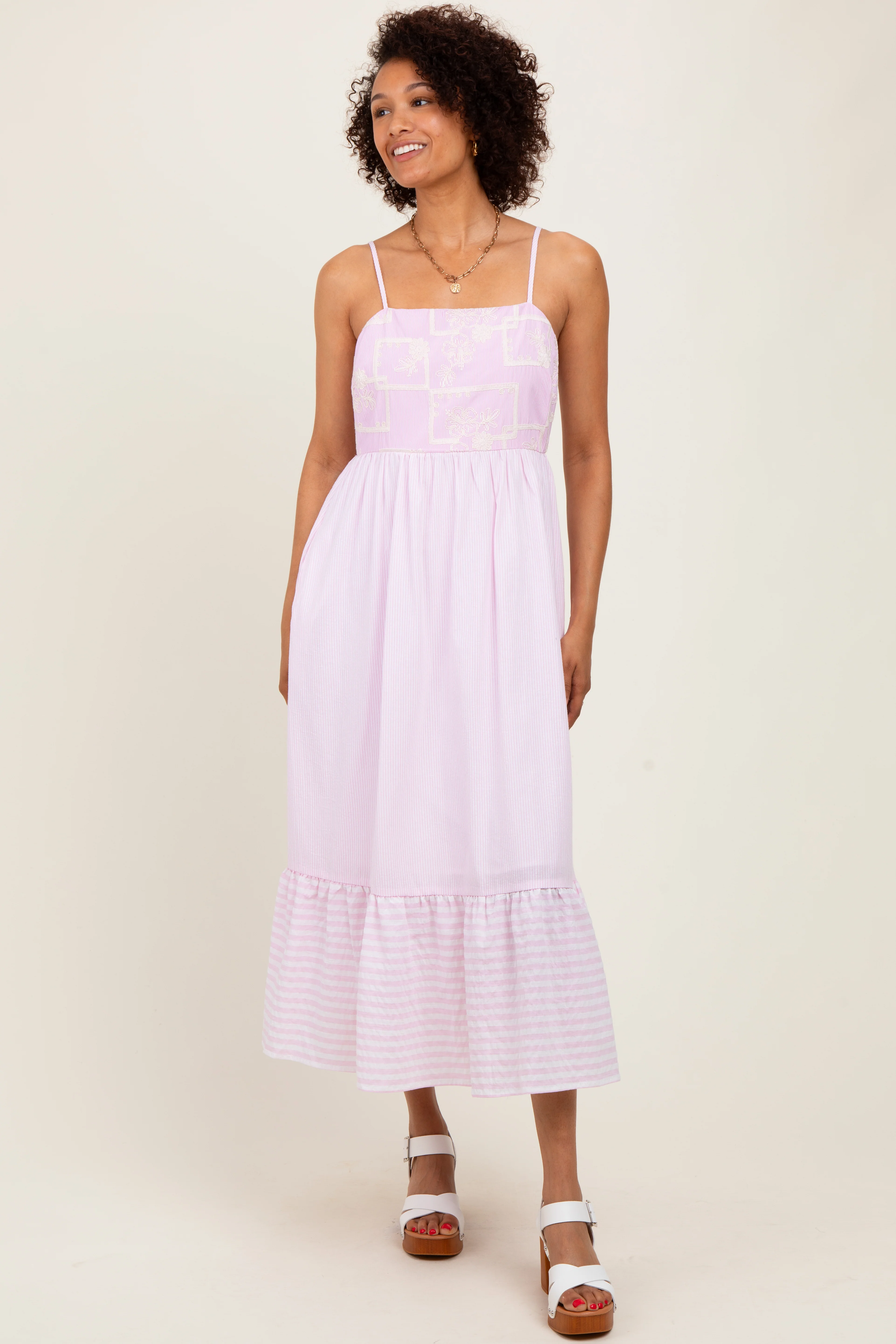 Light Pink Embroidered Striped Colorblock Maternity Midi Dress - Image 7