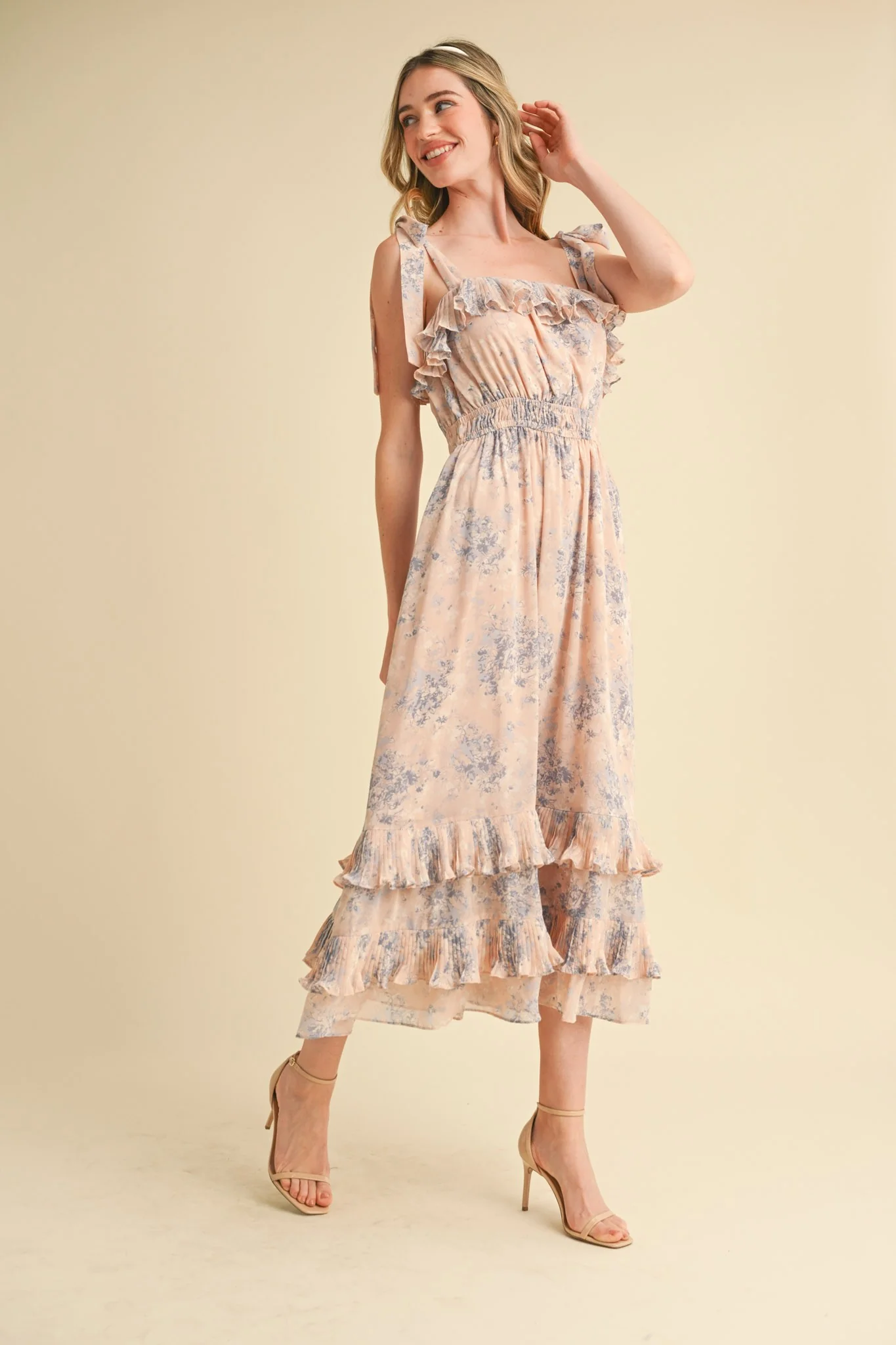 Light Pink Floral Chiffon Pleated Ruffle Midi Dress - Image 3