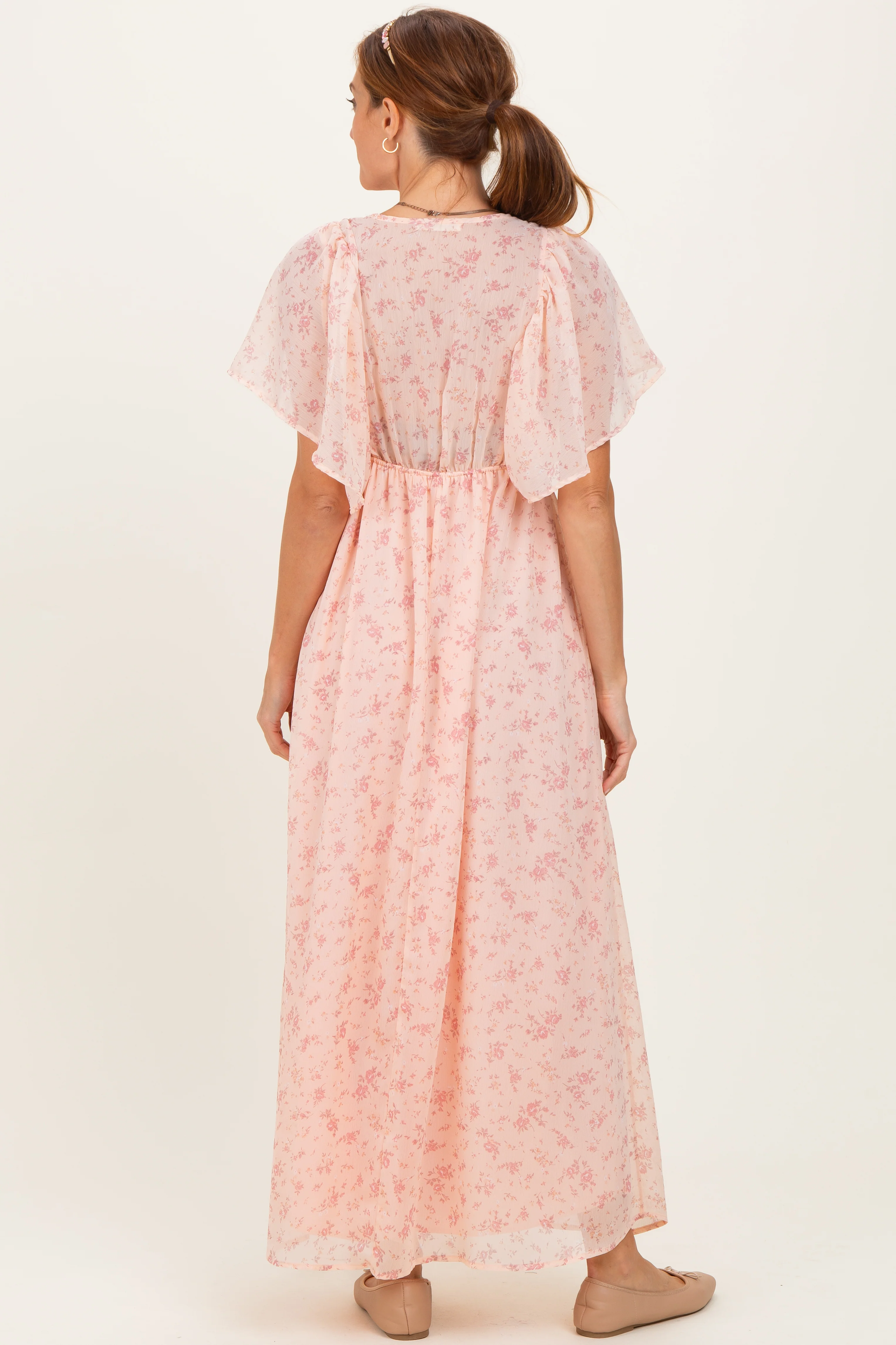 Light Pink Floral Chiffon Short Sleeve V-Neck Smocked Top Maxi Dress - Image 4