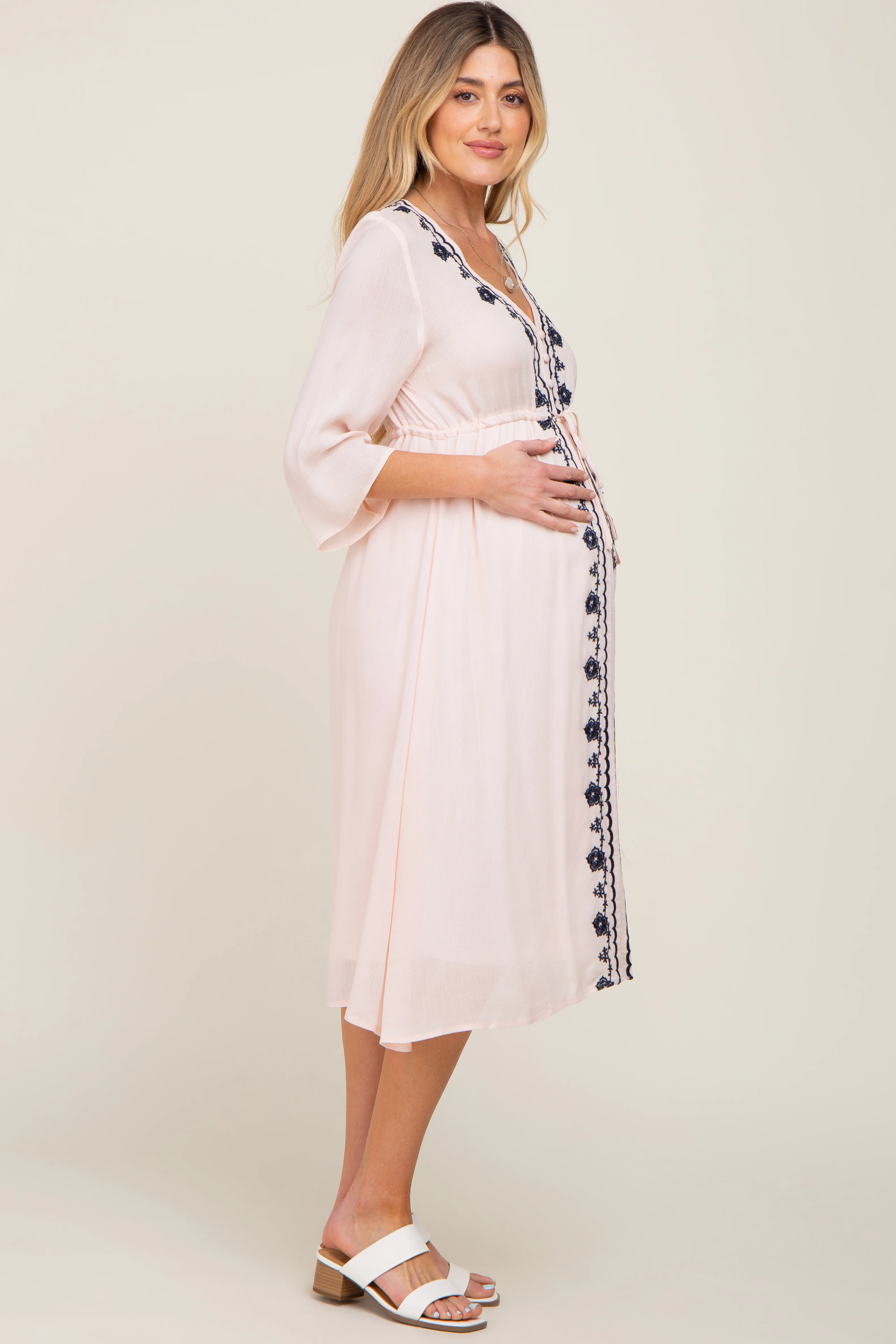 Light Pink Floral Embroidered 3/4 Sleeve Maternity Midi Dress - Image 5