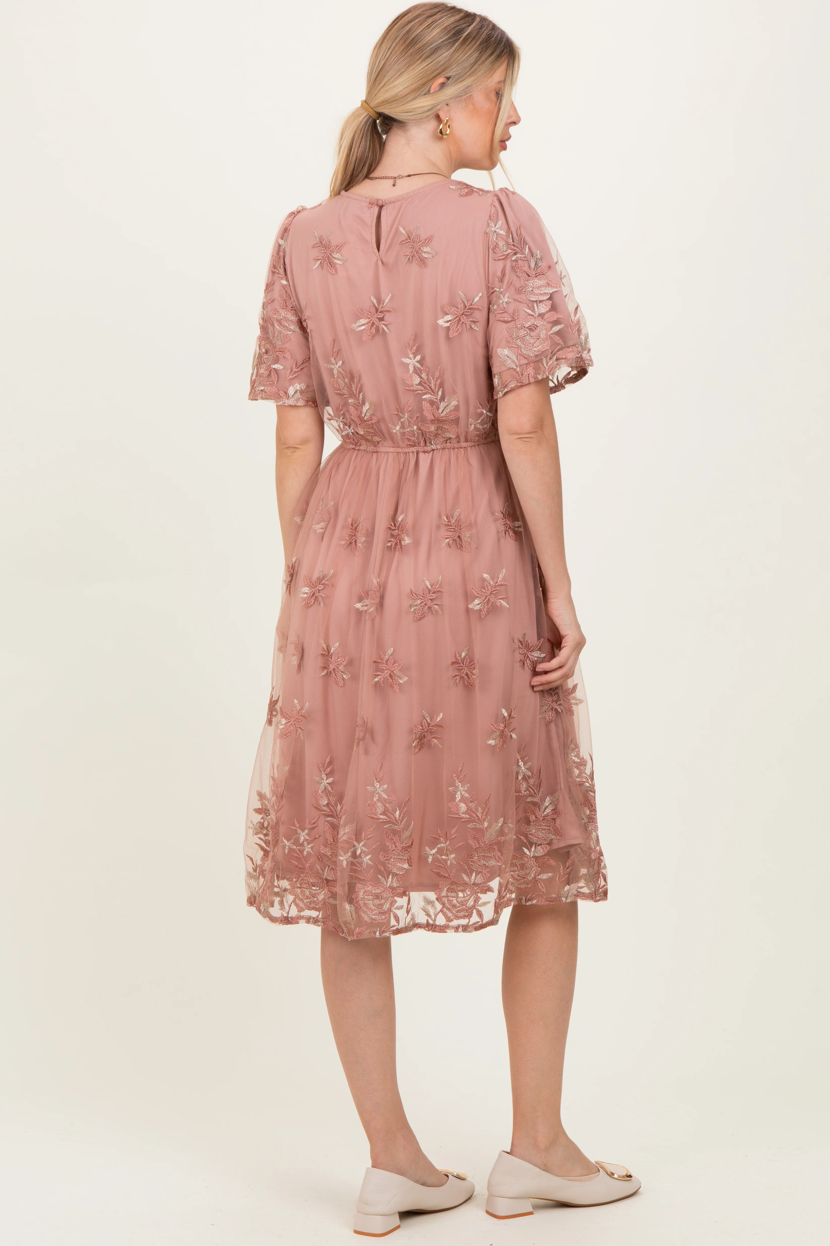 Light Pink Floral Embroidered Mesh Midi Dress - Image 4