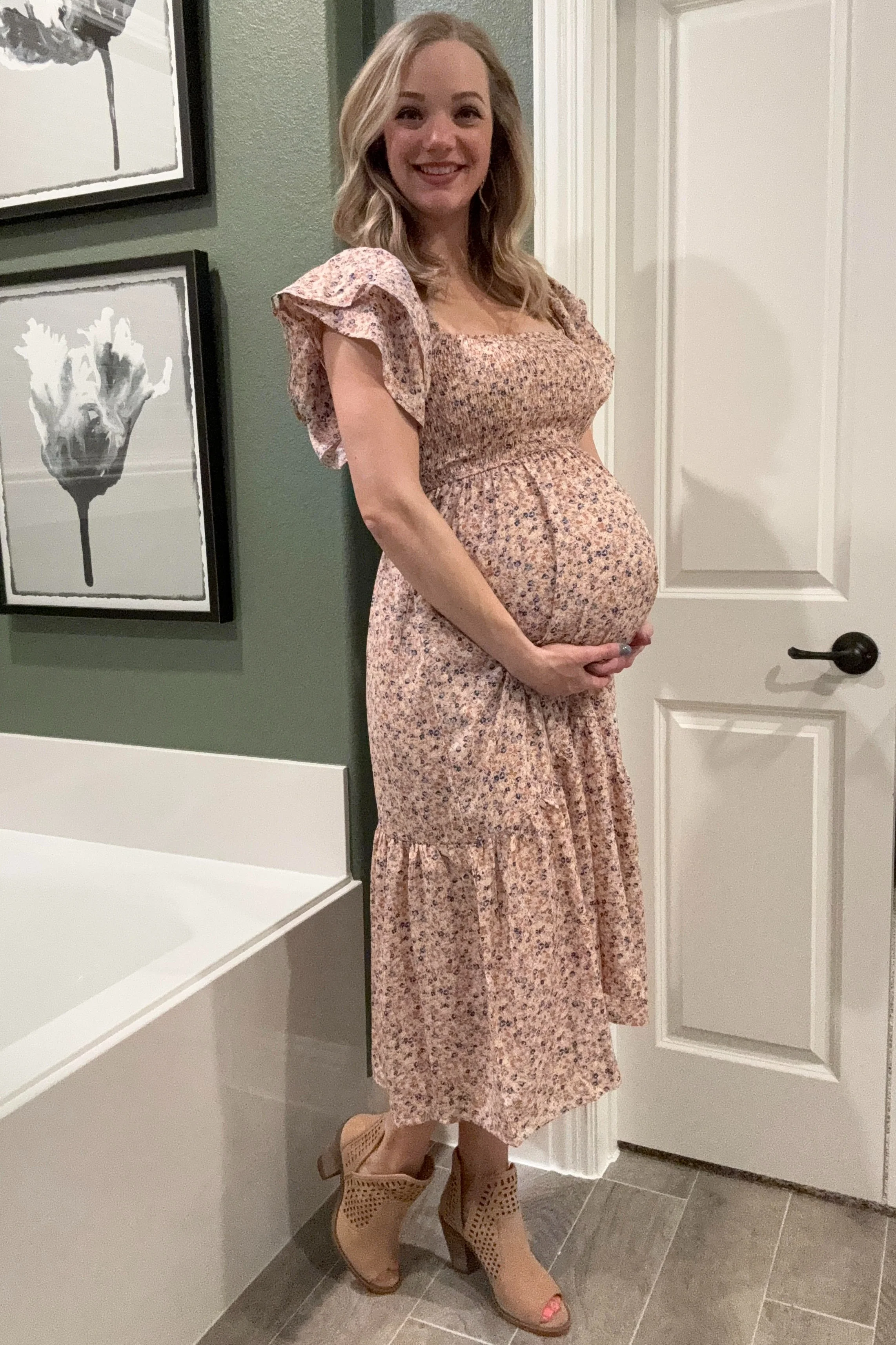 Light Pink Floral Flutter Maternity Midi Dress - Image 6