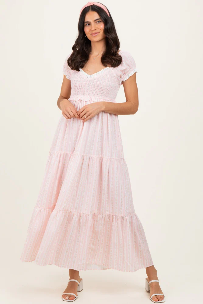 Light Pink Floral Lace Trim Tiered Maternity Maxi Dress - Image 5