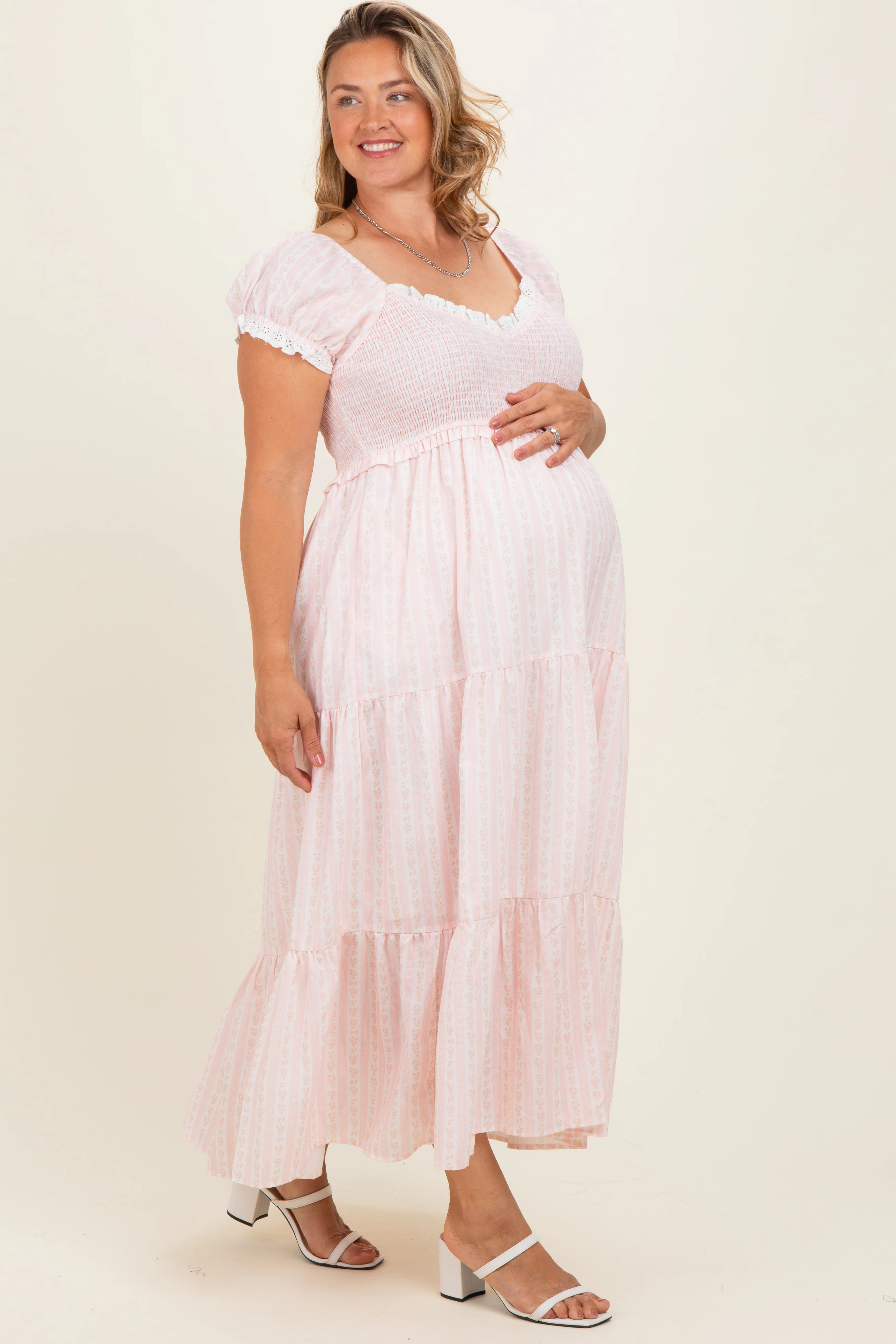 Light Pink Floral Lace Trim Tiered Maternity Plus Maxi Dress - Image 3