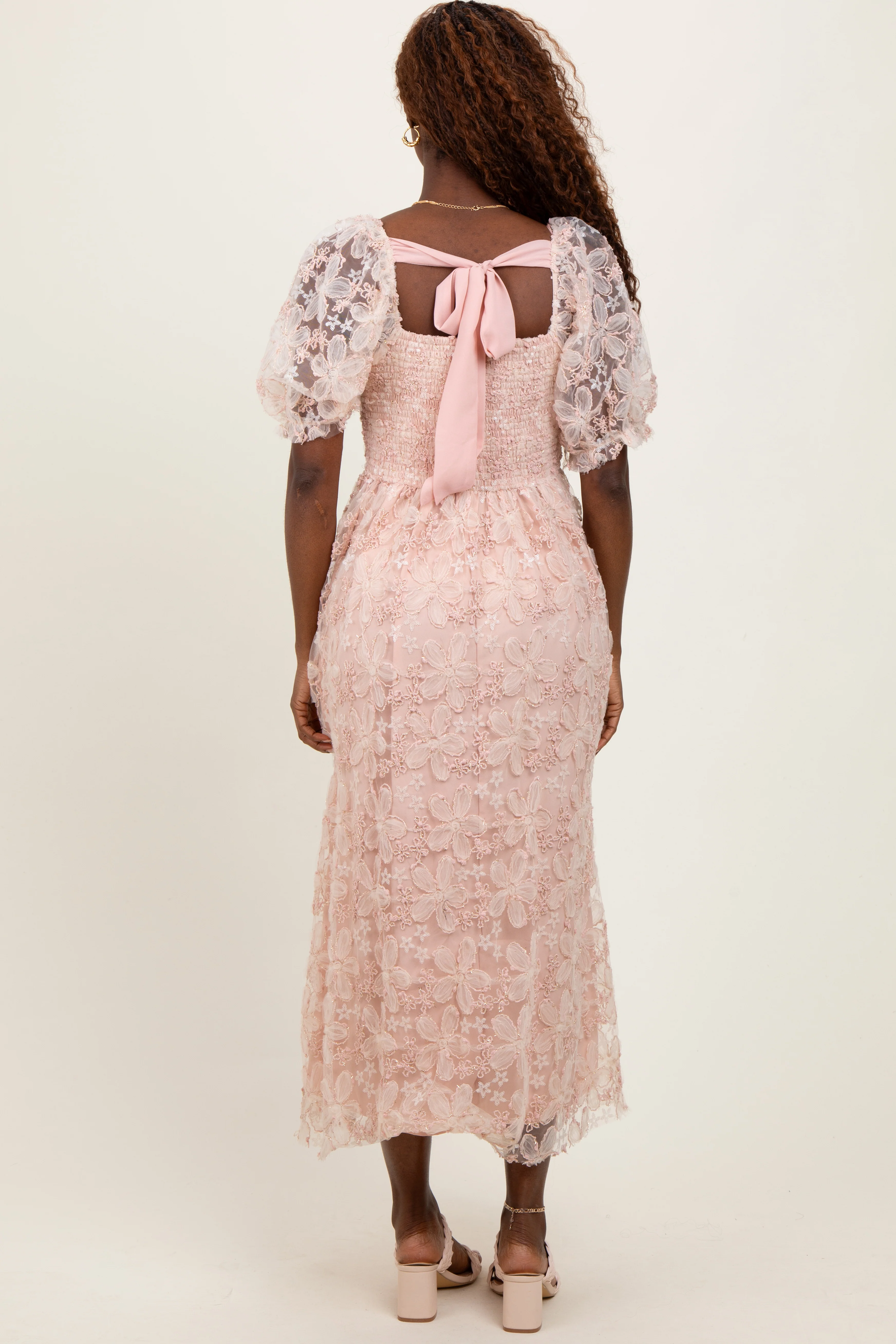 Light Pink Floral Mesh Overlay Tie Back Midi Dress - Image 3