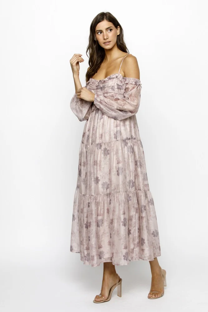 Light Pink Floral Off Shoulder Long Sleeve Tiered Maxi Dress - Image 3