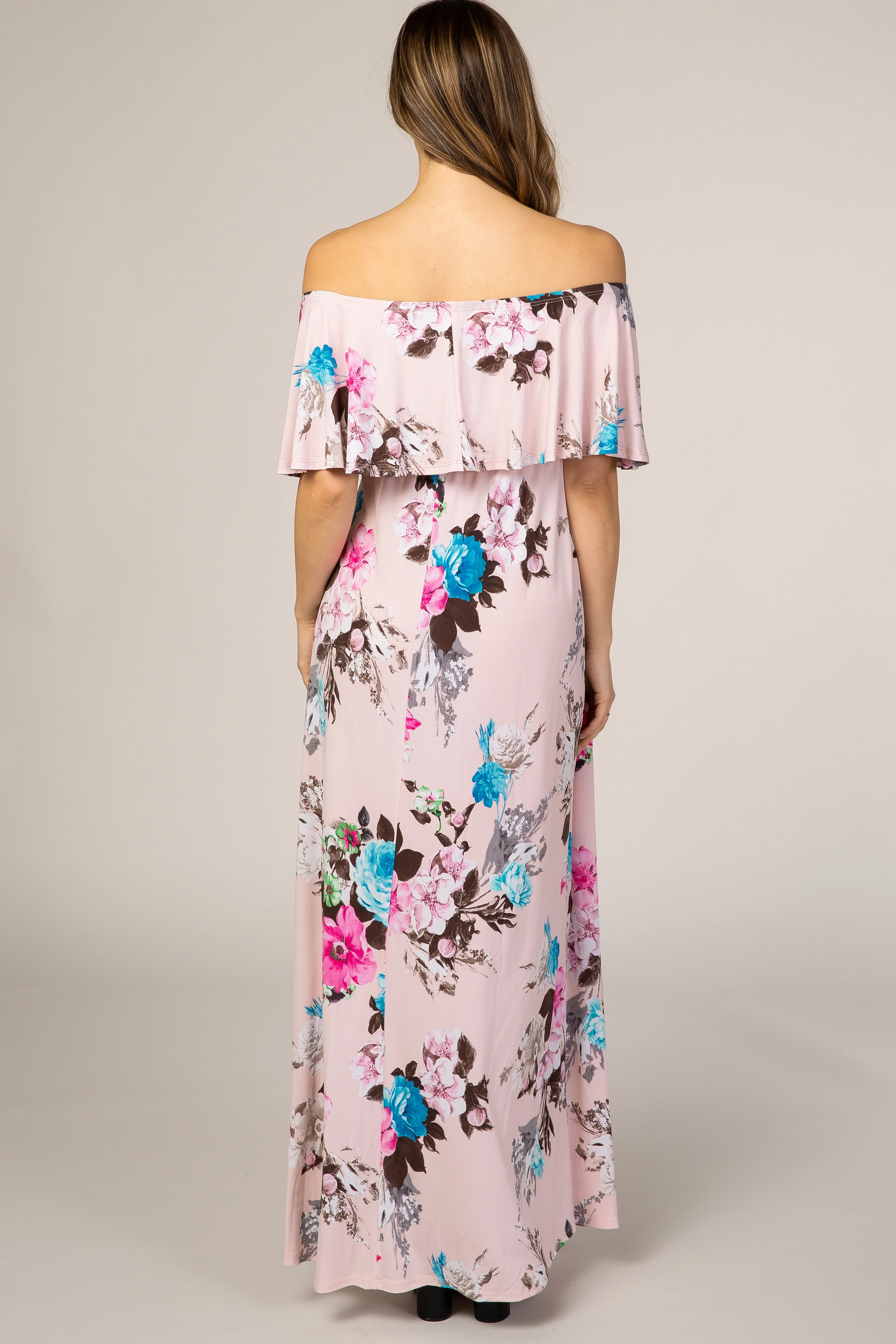 Light Pink Floral Off Shoulder Maternity Maxi Dress - Image 3