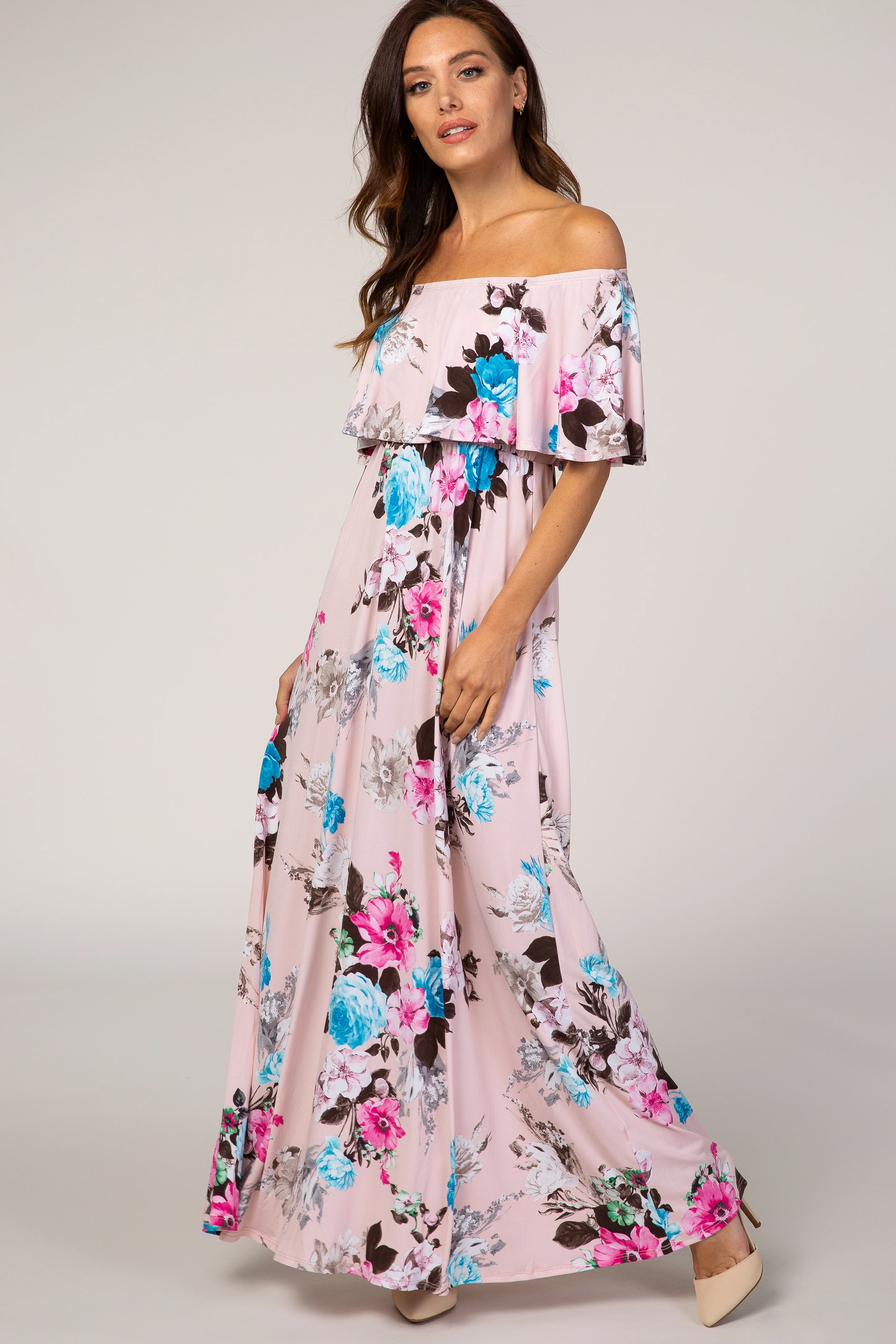 Light Pink Floral Off Shoulder Maternity Maxi Dress - Image 4