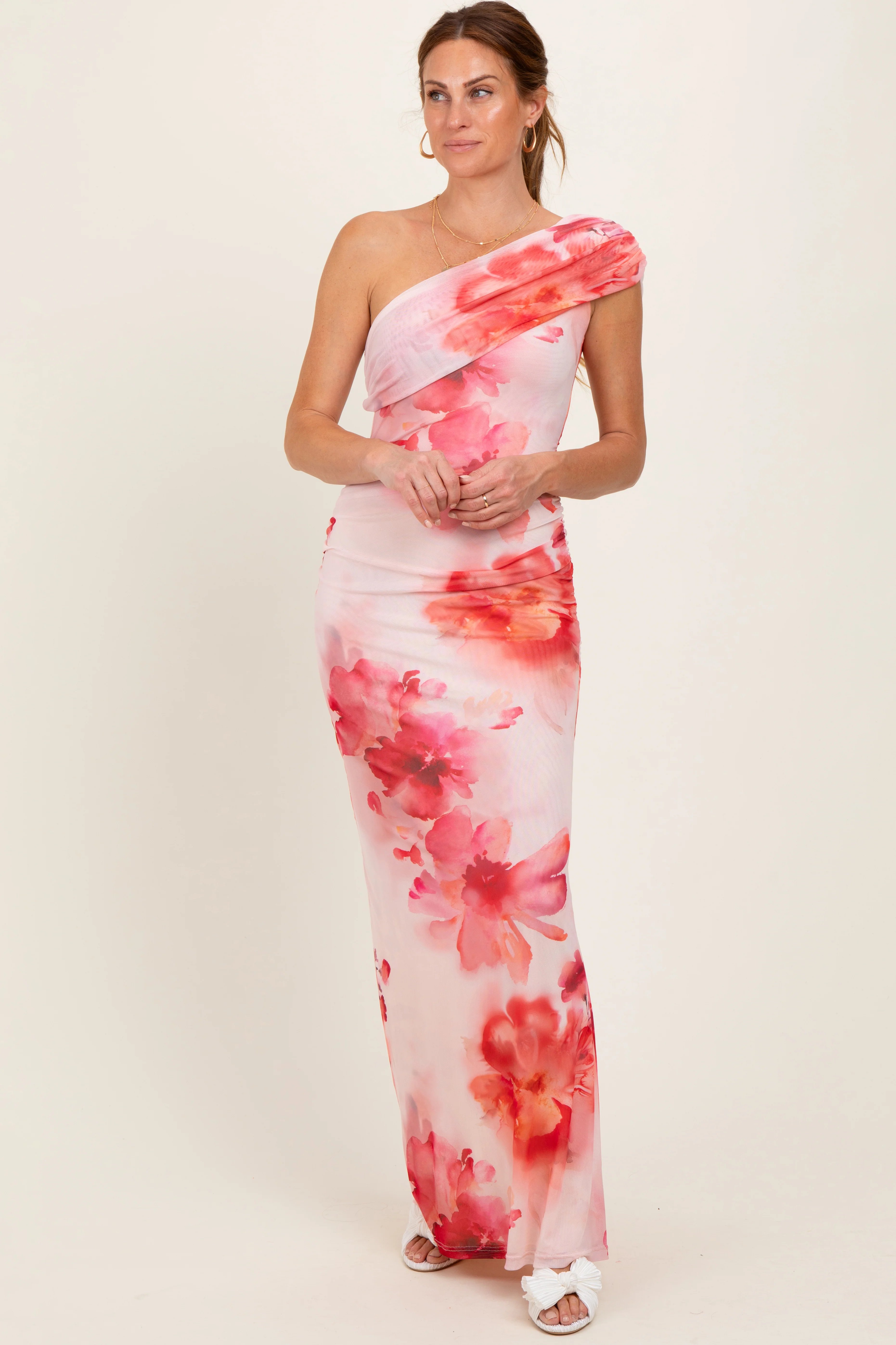Light Pink Floral One Shoulder Ruched Maternity Maxi Dress - Image 4