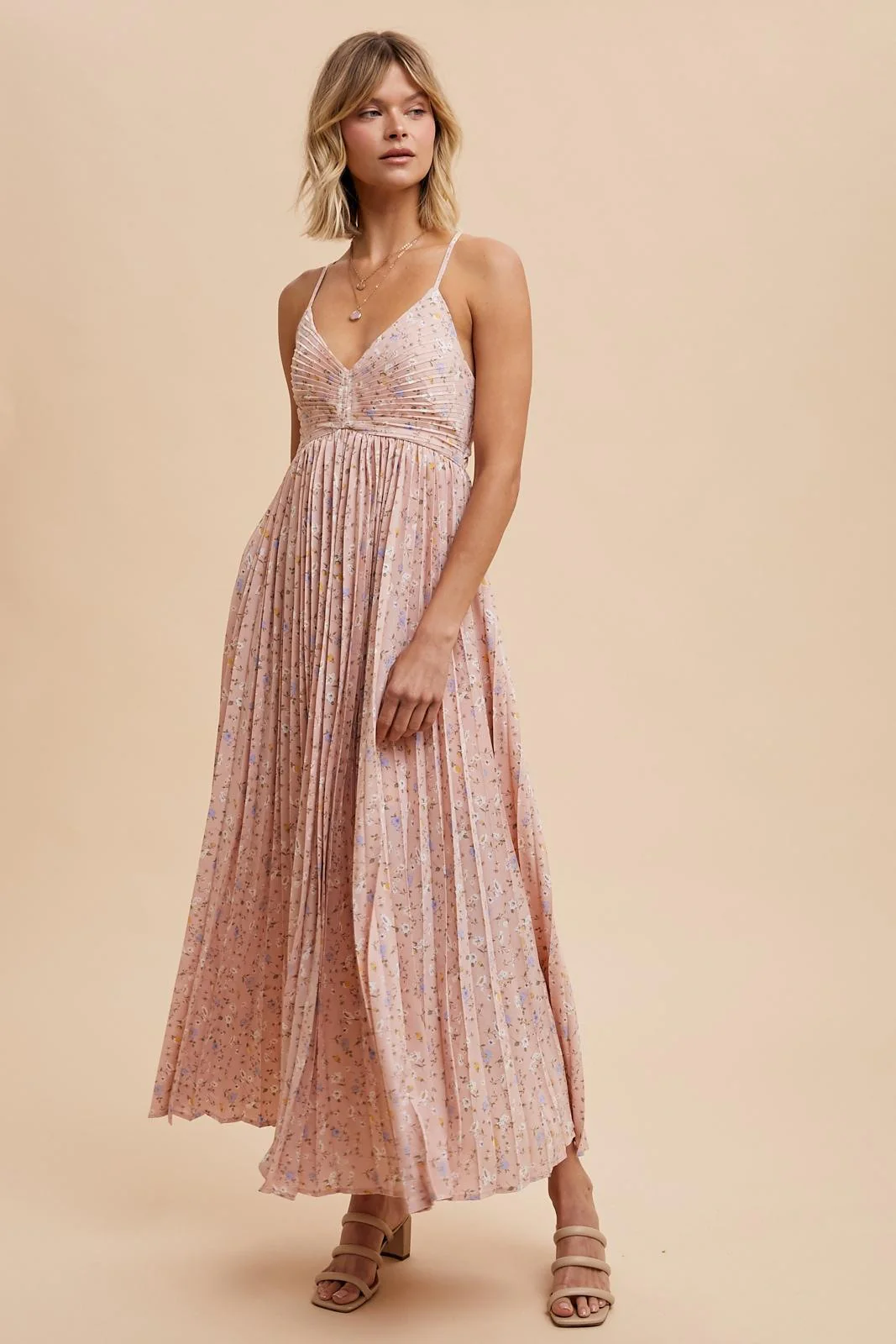 Light Pink Floral Pleated Back Cutout Maternity Maxi Dress - Image 6