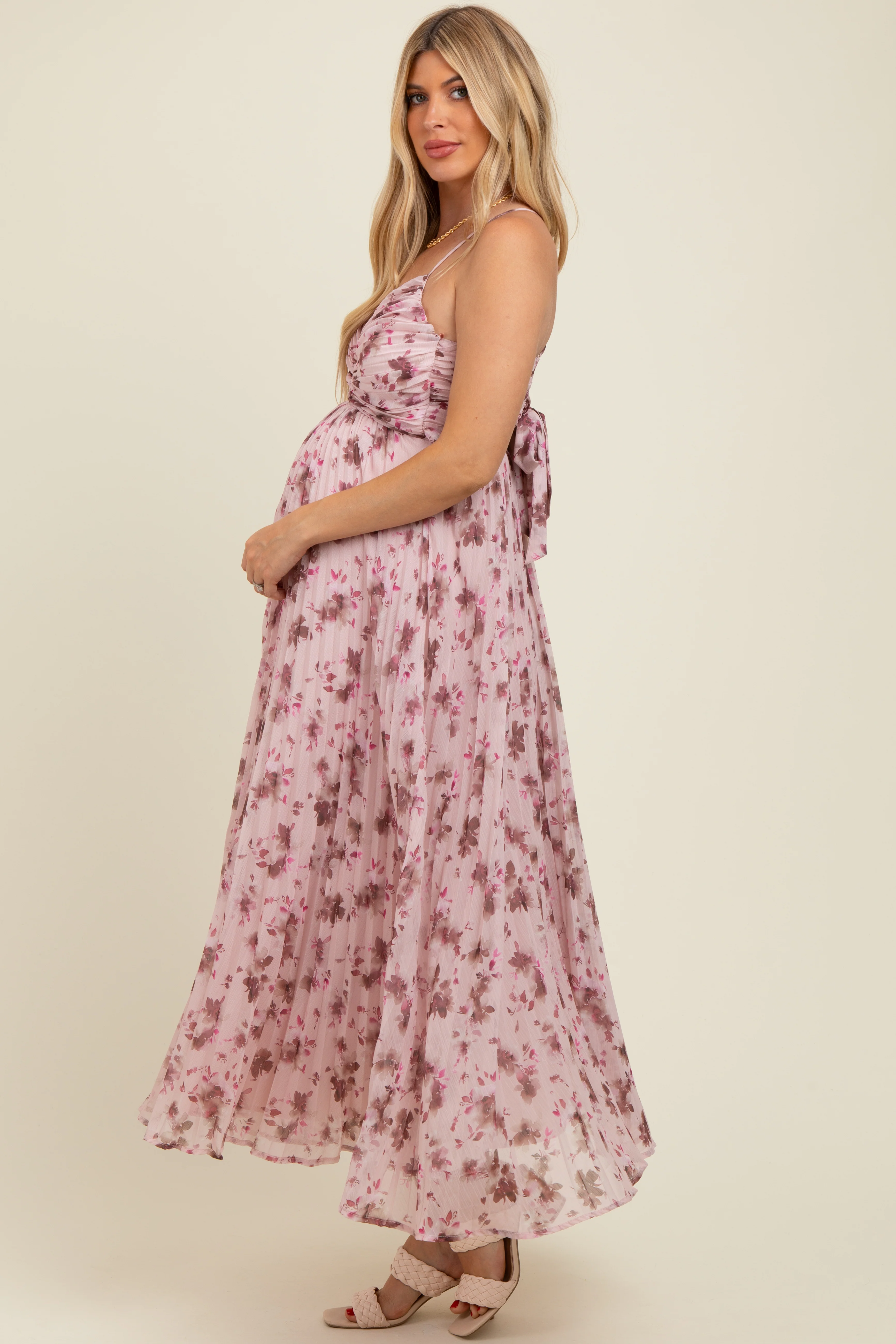 Light Pink Floral Pleated Chiffon Cutout Tie Back Maternity Maxi Dress - Image 3