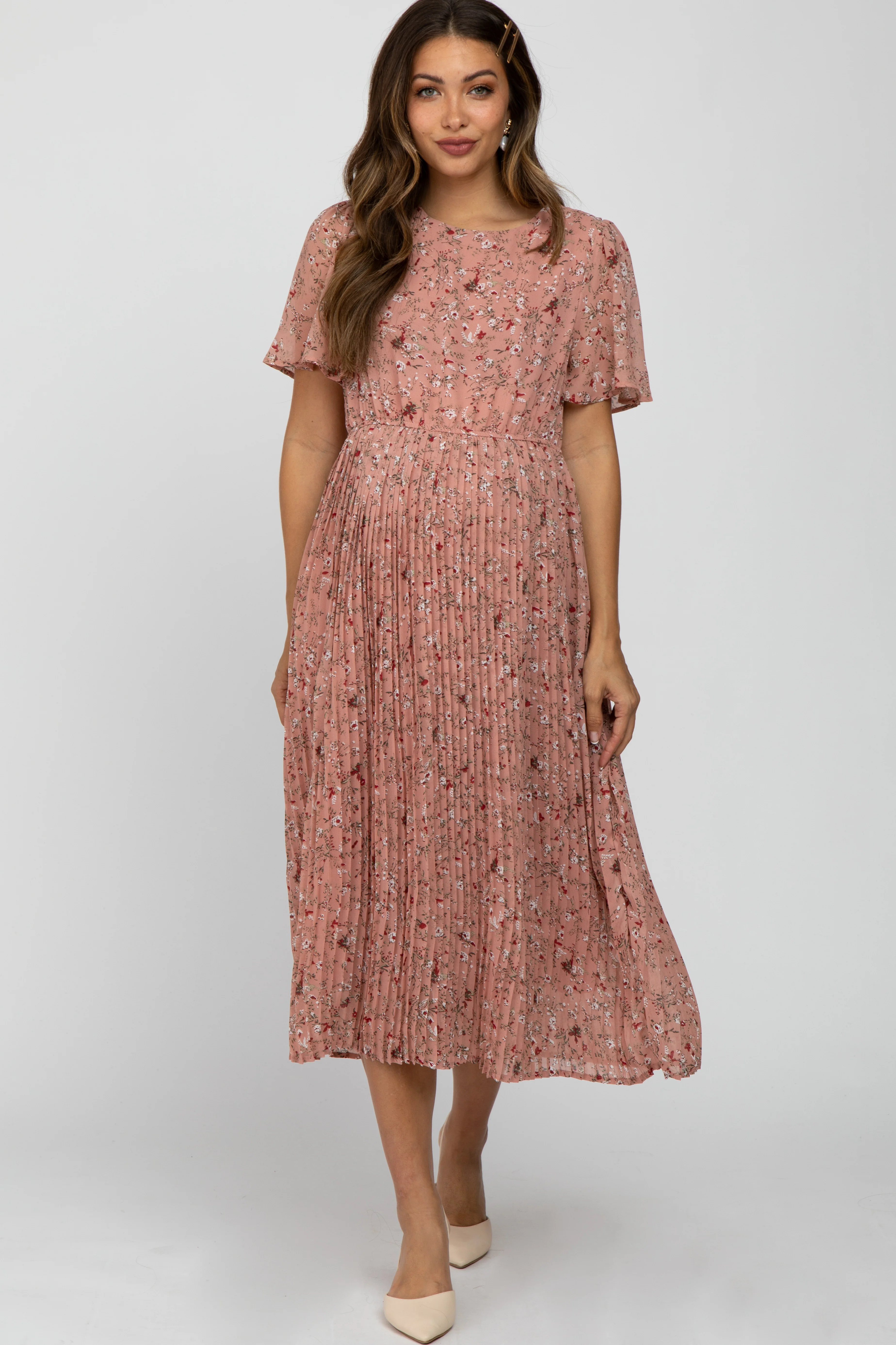 Light Pink Floral Pleated Short Sleeve Chiffon Maternity Midi Dress - Image 3
