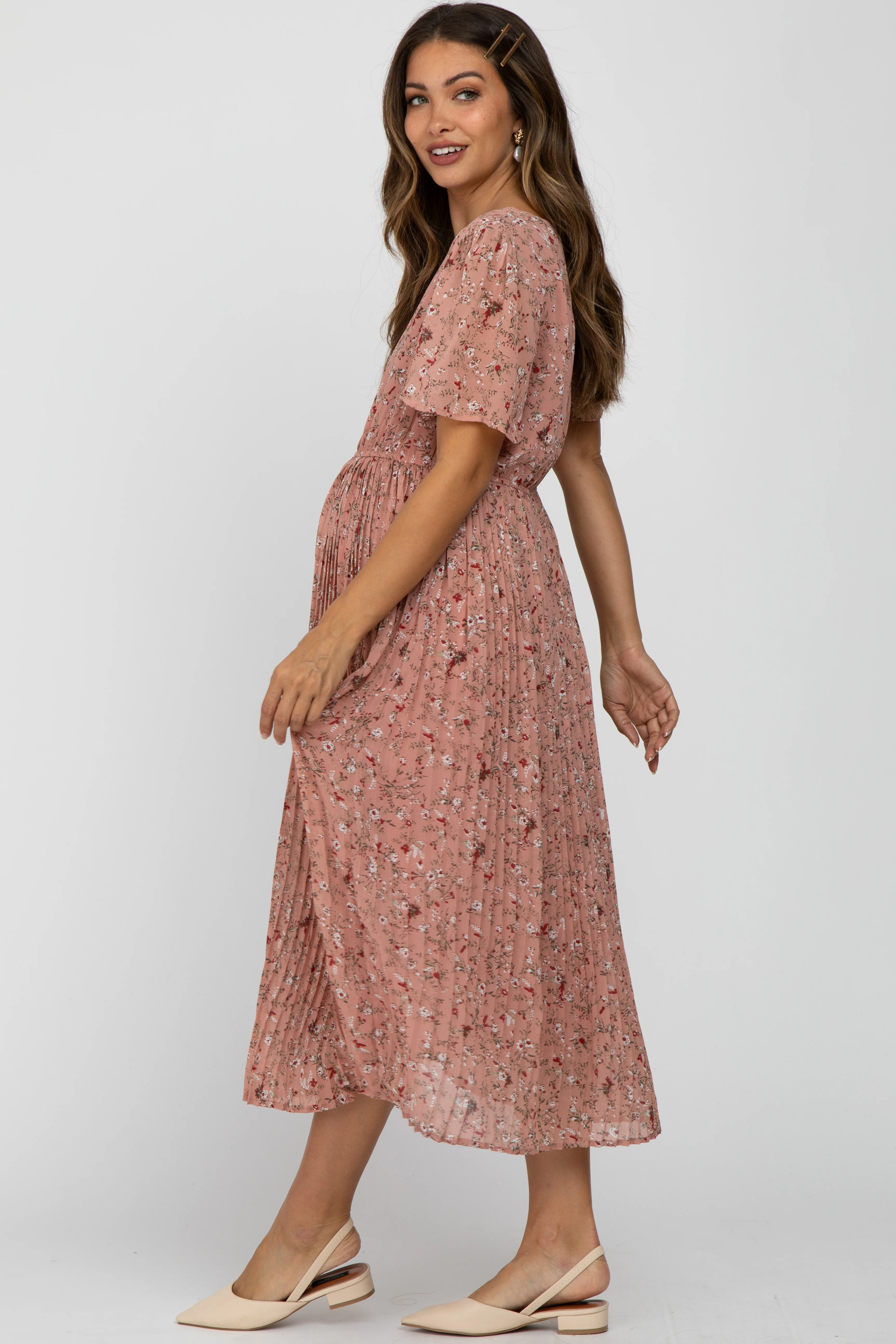 Light Pink Floral Pleated Short Sleeve Chiffon Maternity Midi Dress - Image 4