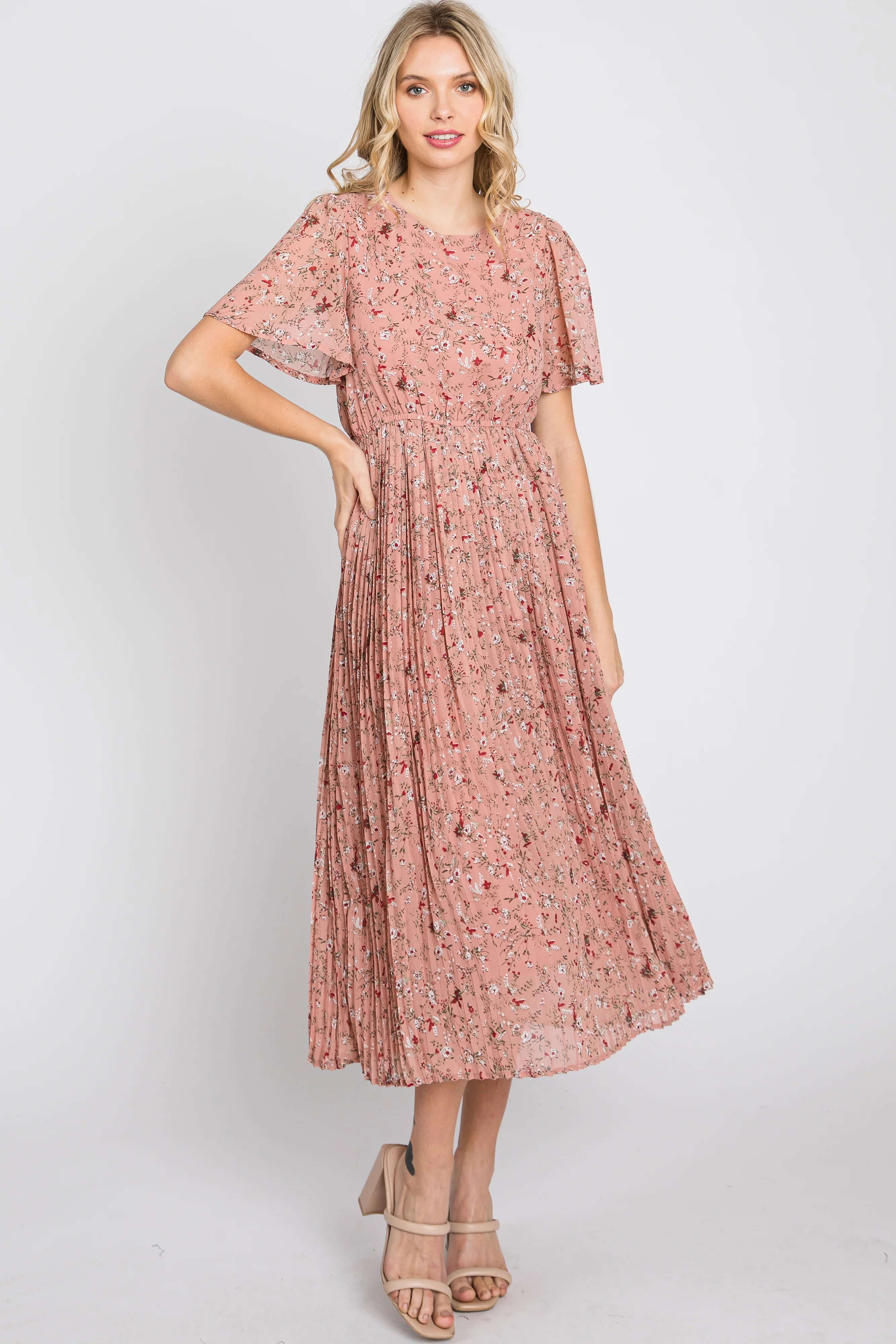 Light Pink Floral Pleated Short Sleeve Chiffon Midi Dress - Image 3