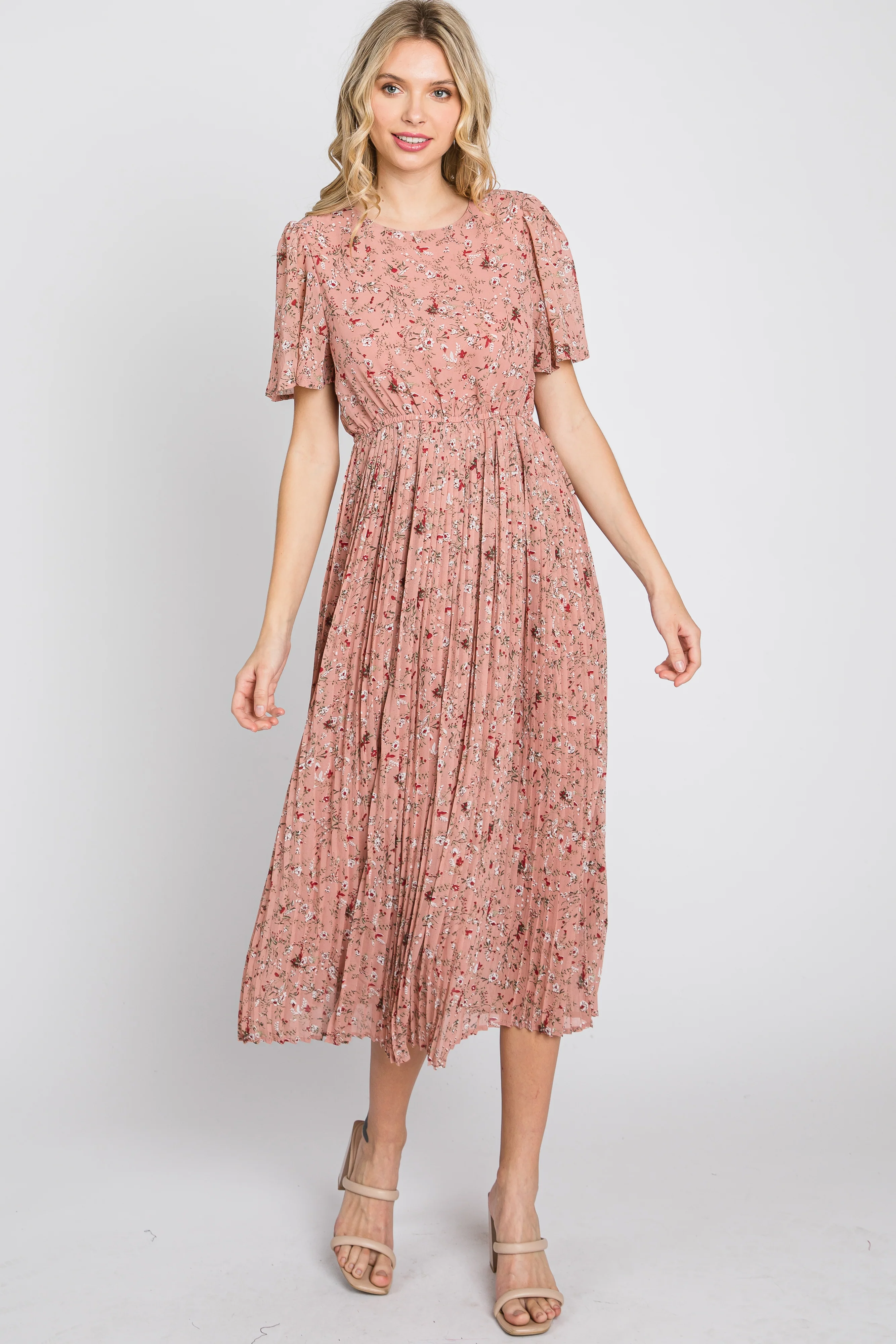 Light Pink Floral Pleated Short Sleeve Chiffon Midi Dress - Image 9