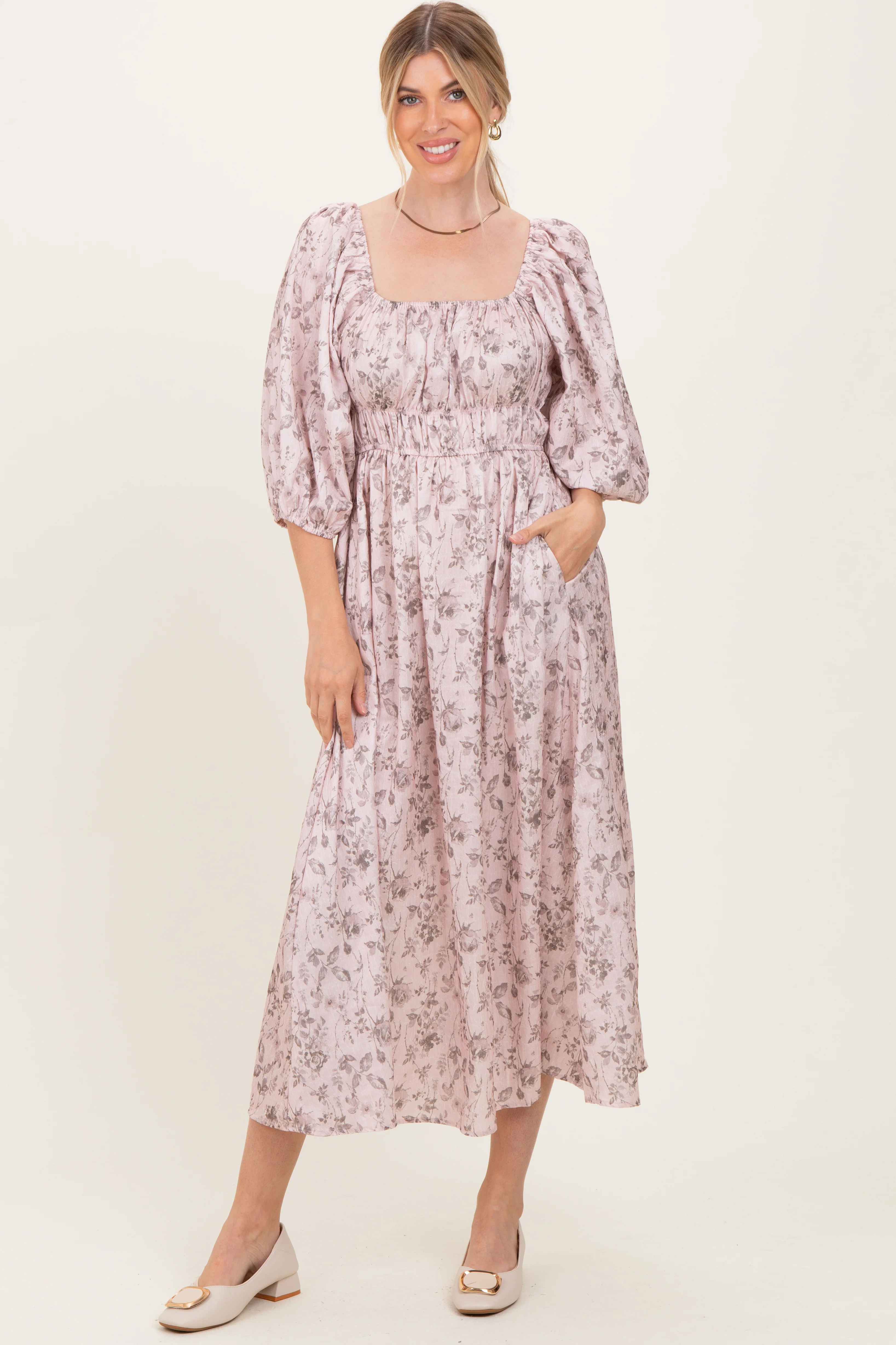 Light Pink Floral Puff Sleeve Smocked Waist Maternity Midi Dress - Image 5