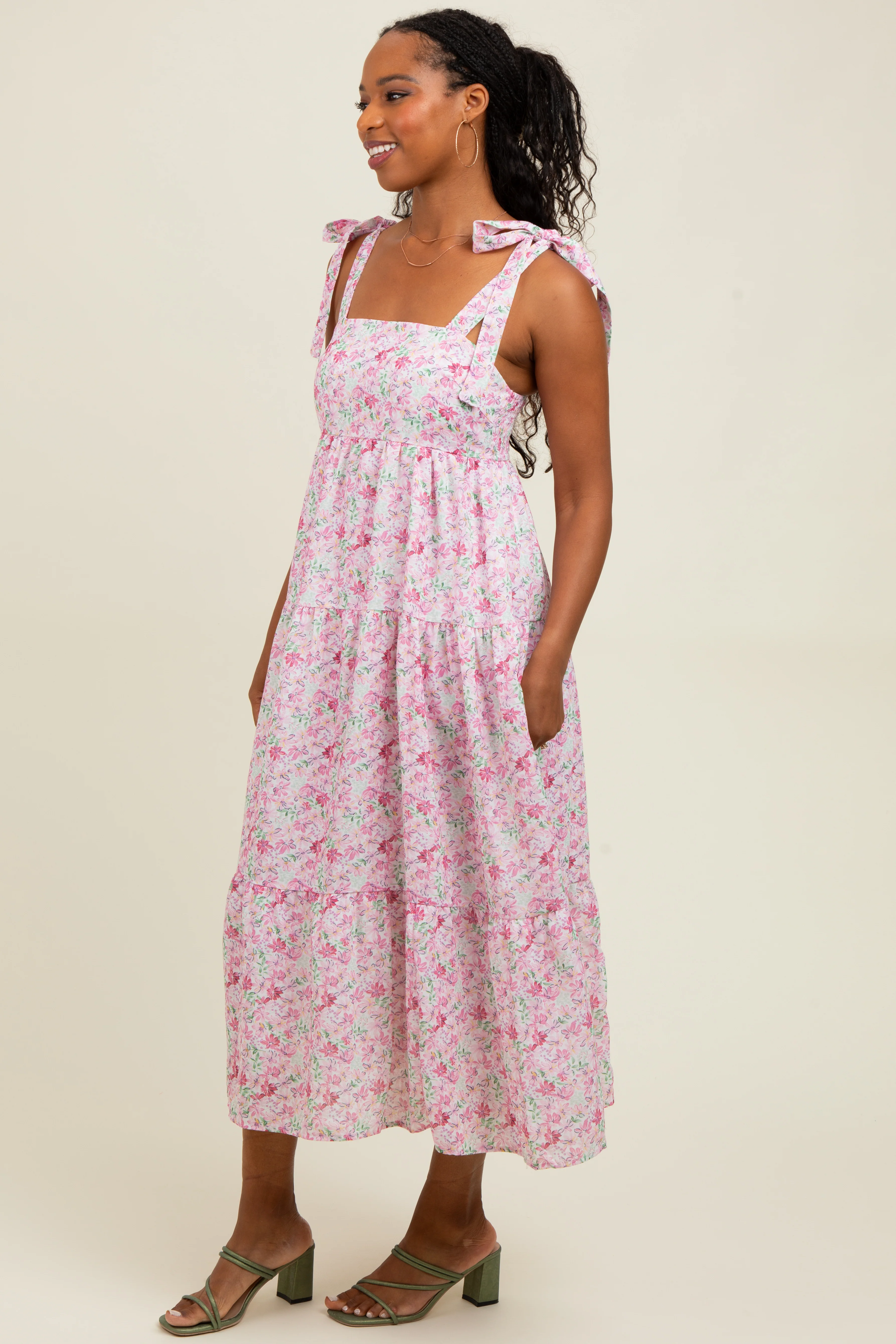 Light Pink Floral Shoulder Tie Midi Dress - Image 3