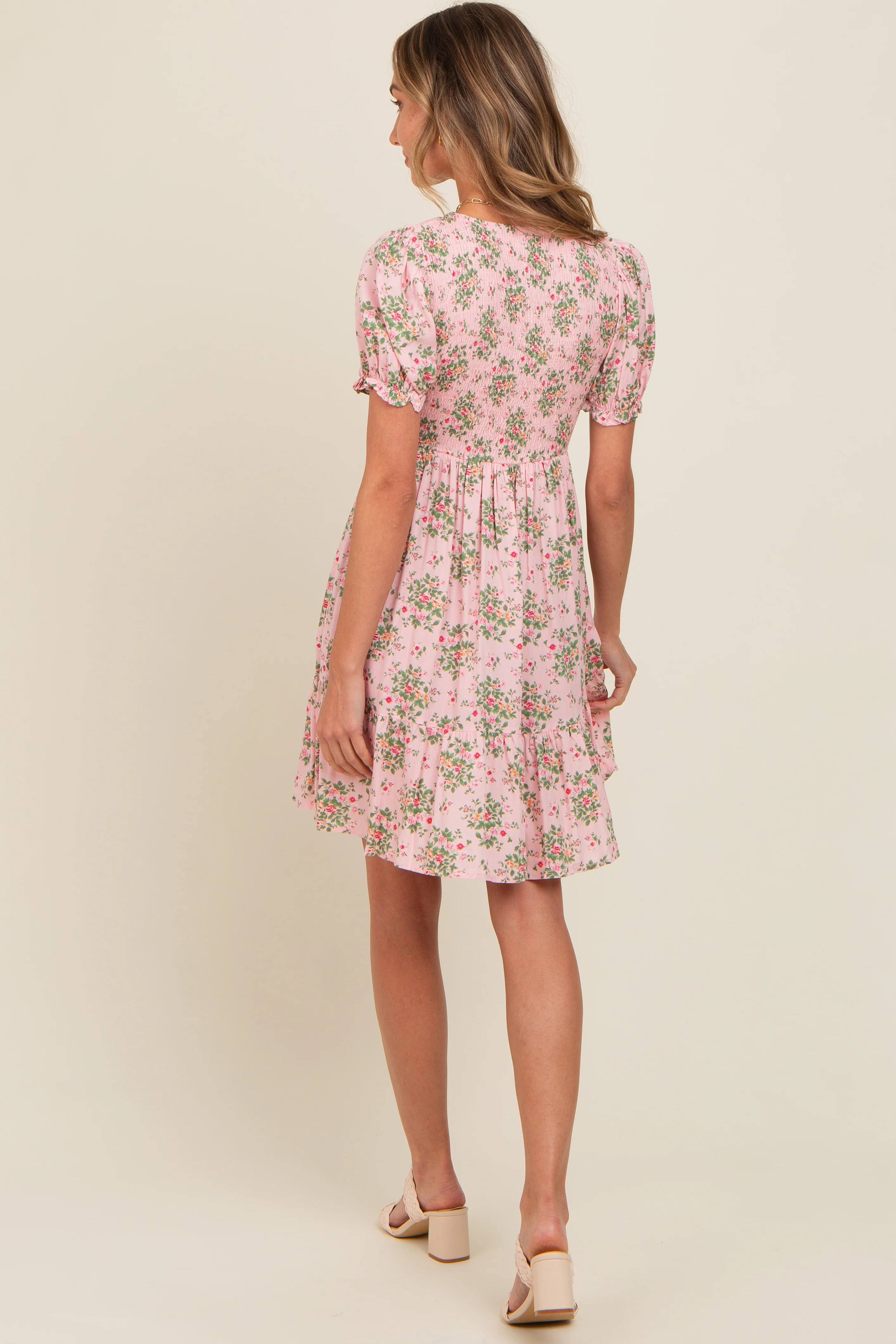 Light Pink Floral Smocked Puff Sleeve Dress - Image 3