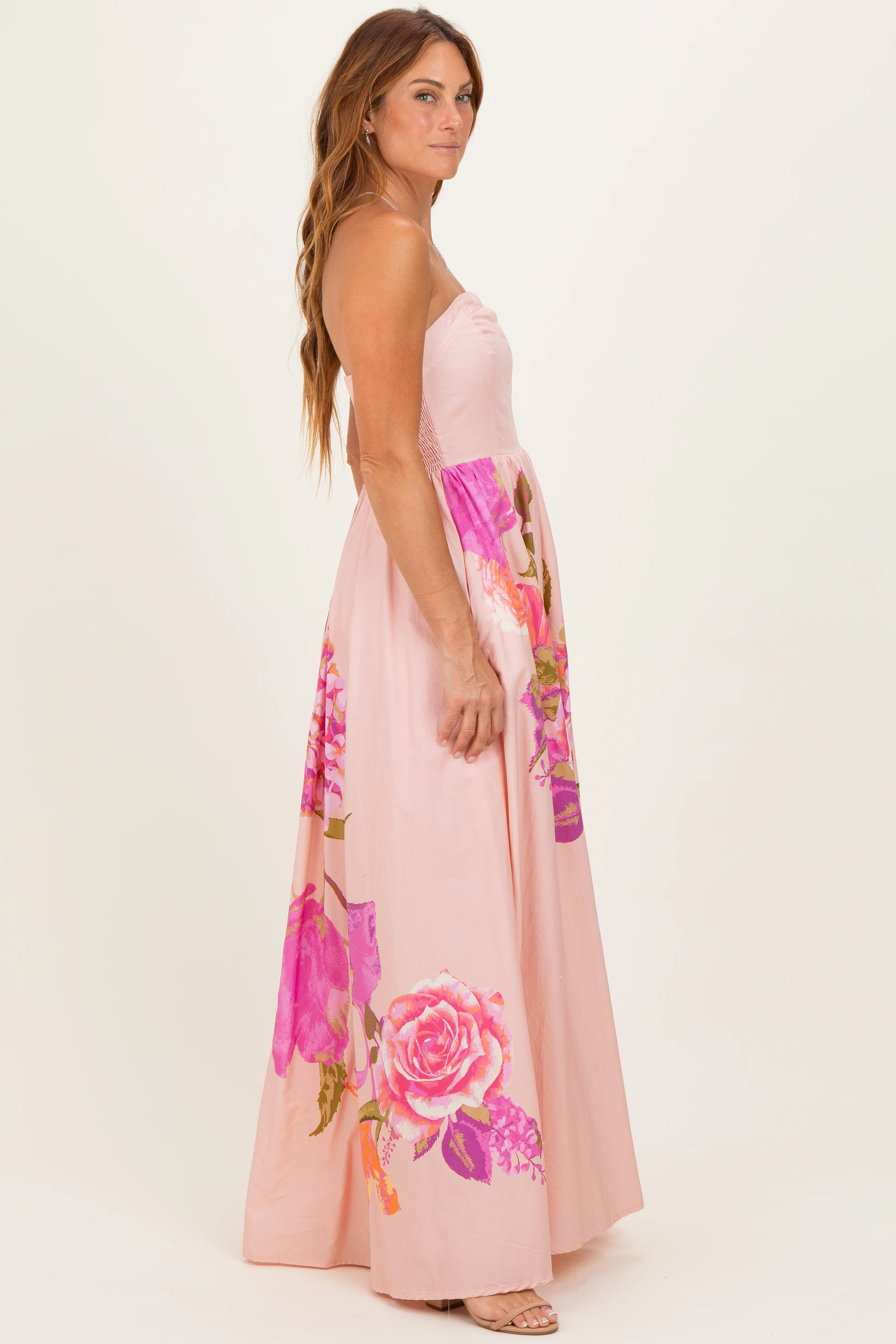 Light Pink Floral Strapless Maxi Dress - Image 3