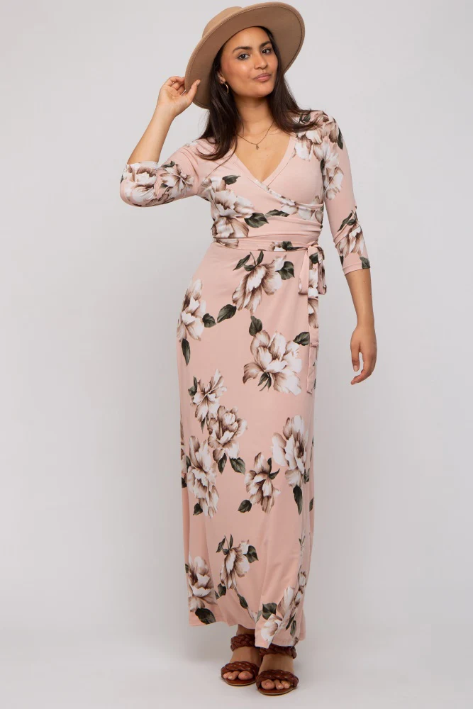 Light Pink Floral Wrap Maternity Maxi Dress - Image 9