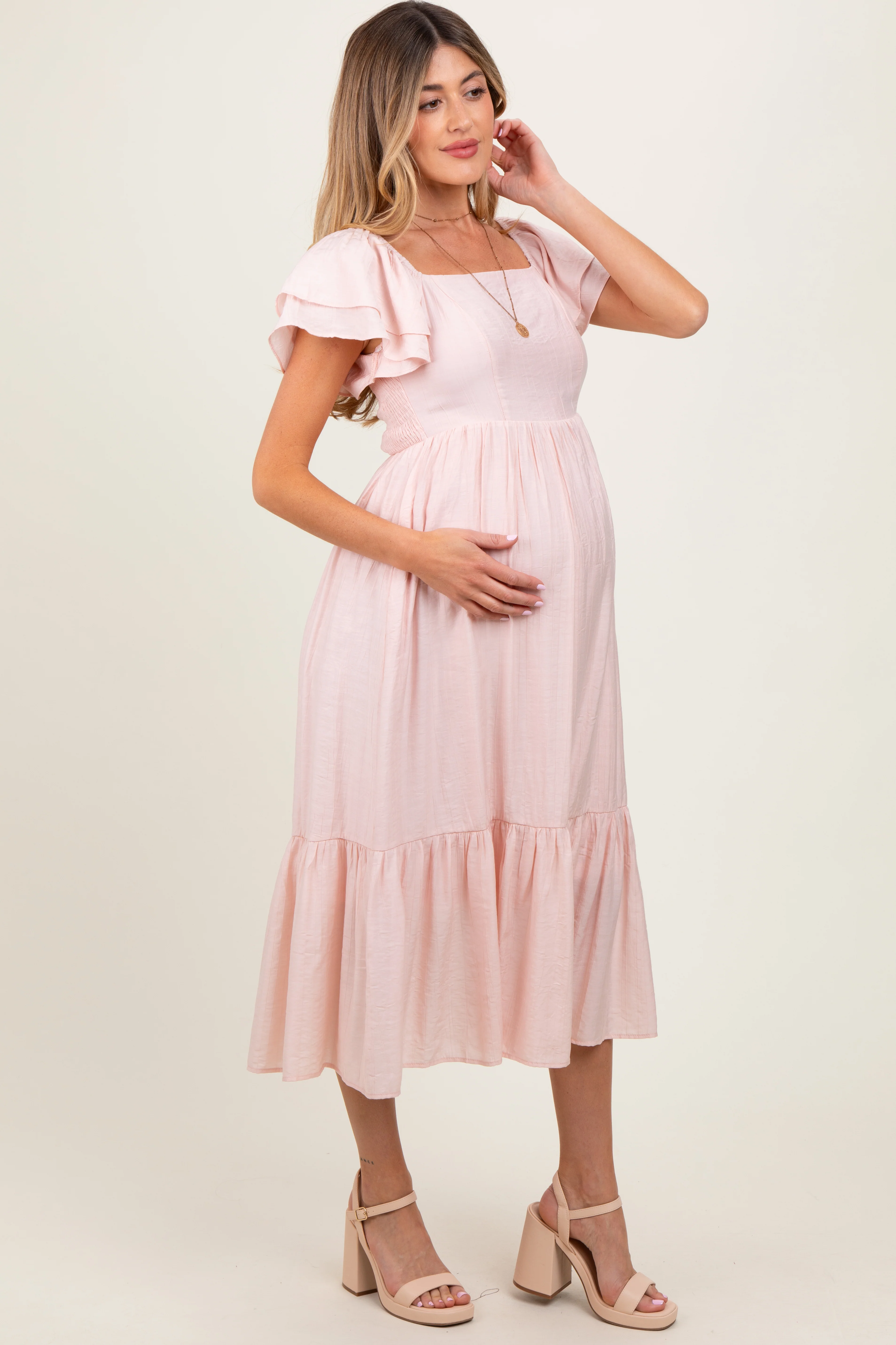 Light Pink Flutter Sleeve Maternity Midi Dress - Image 3