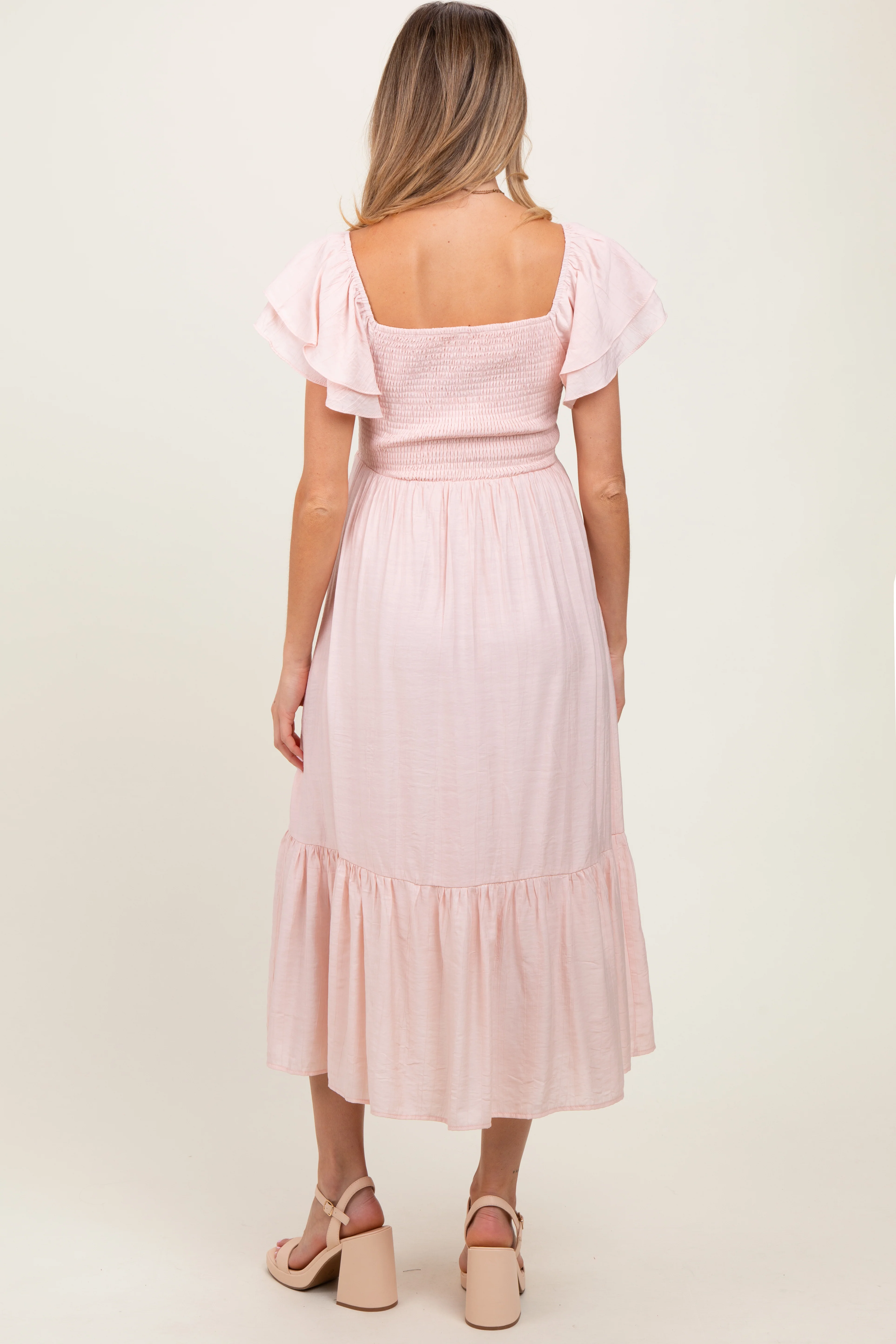 Light Pink Flutter Sleeve Maternity Midi Dress - Image 4