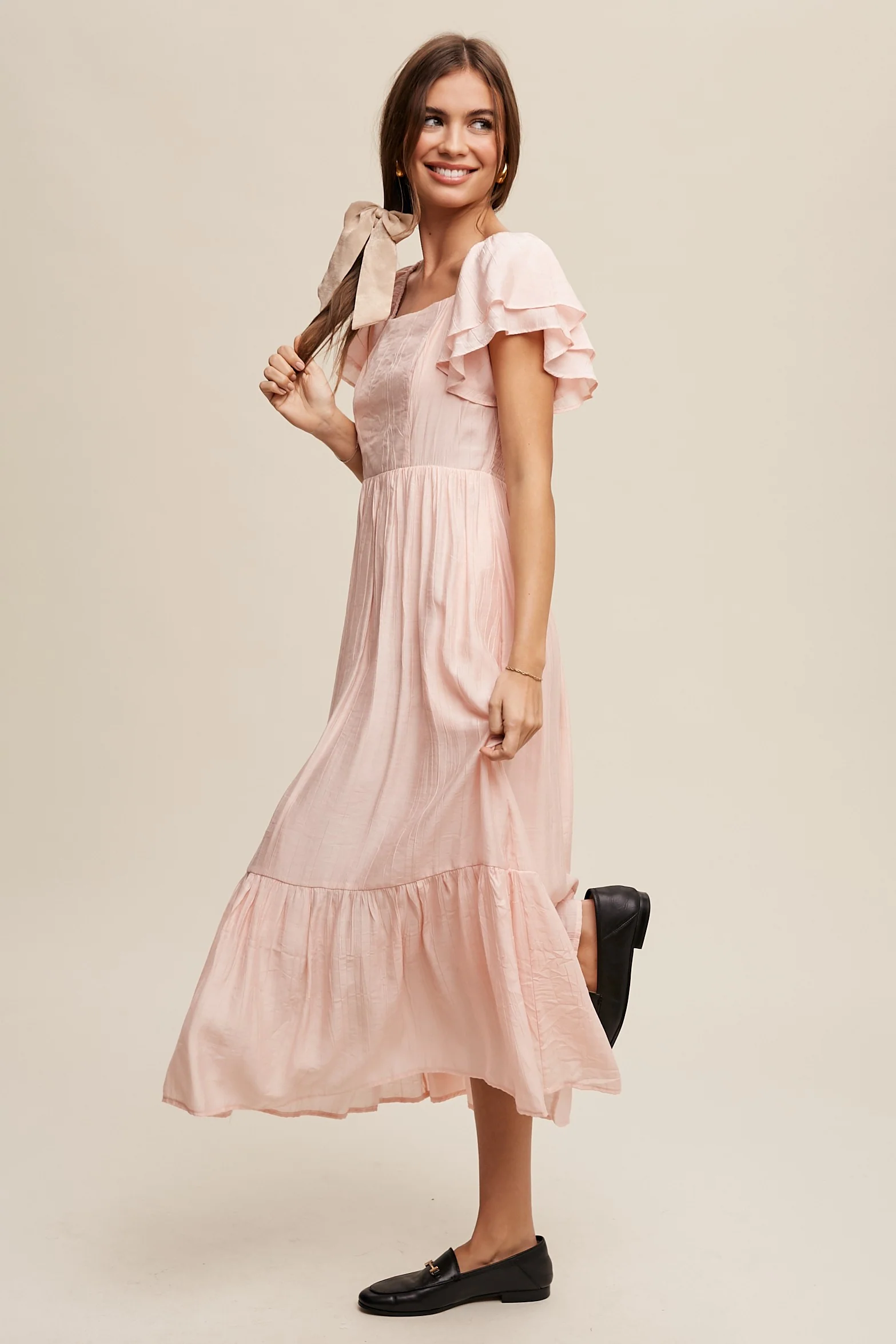 Light Pink Flutter Sleeve Midi Dress - Image 3