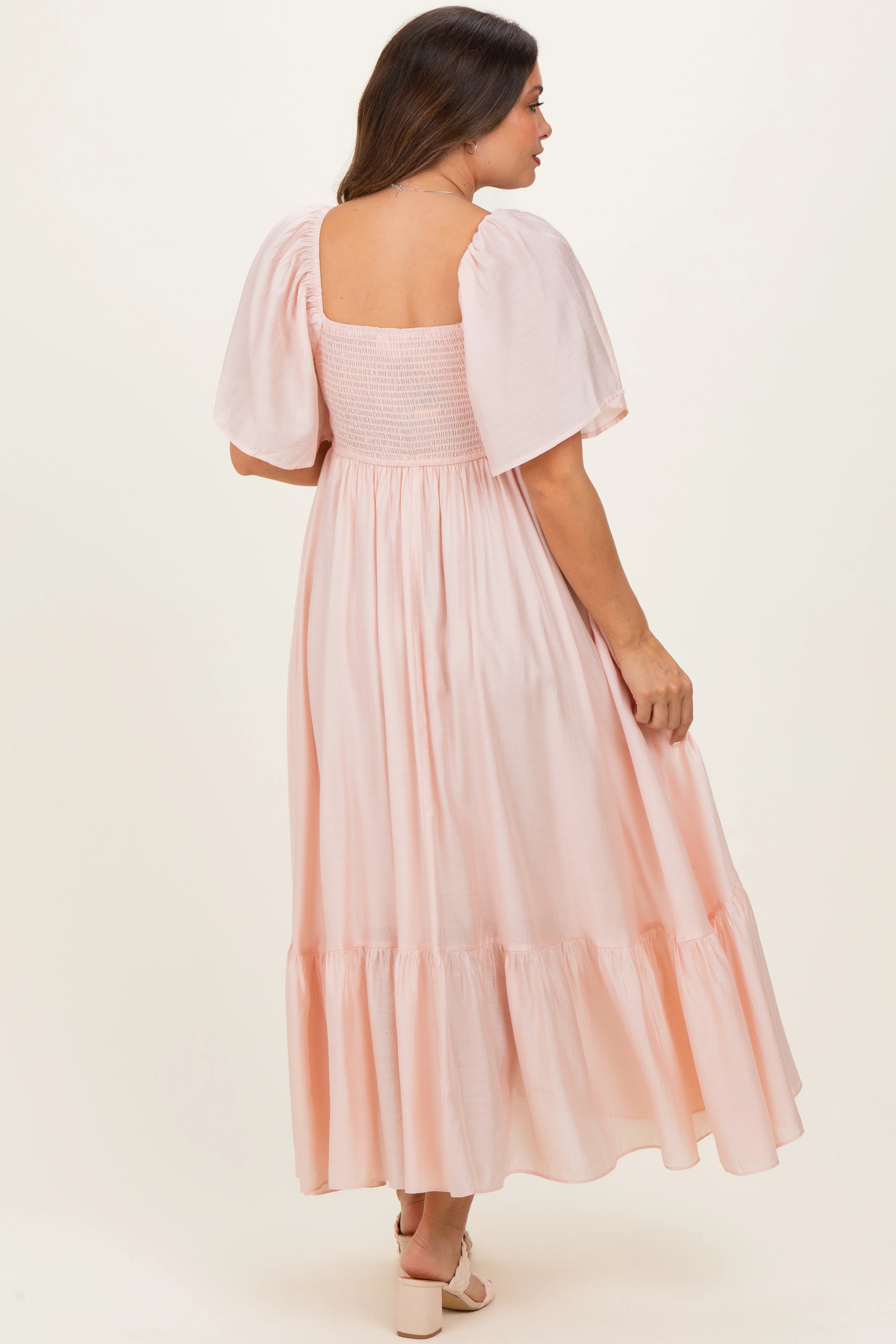 Light Pink Flutter Sleeve Ruffle Hem Maternity Midi Dress - Image 3
