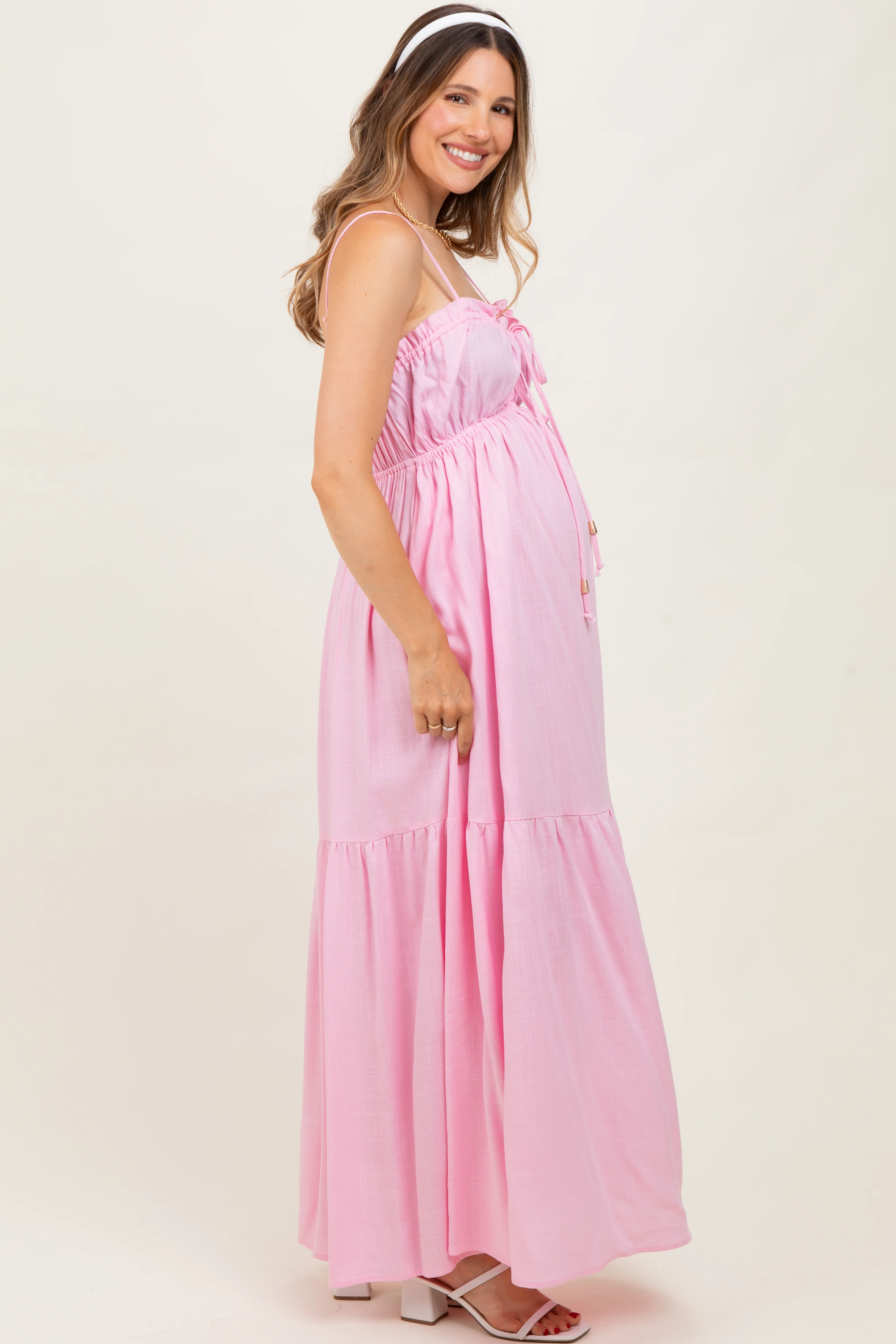 Light Pink Gathered Front Tie Maternity Maxi Dress - Image 3