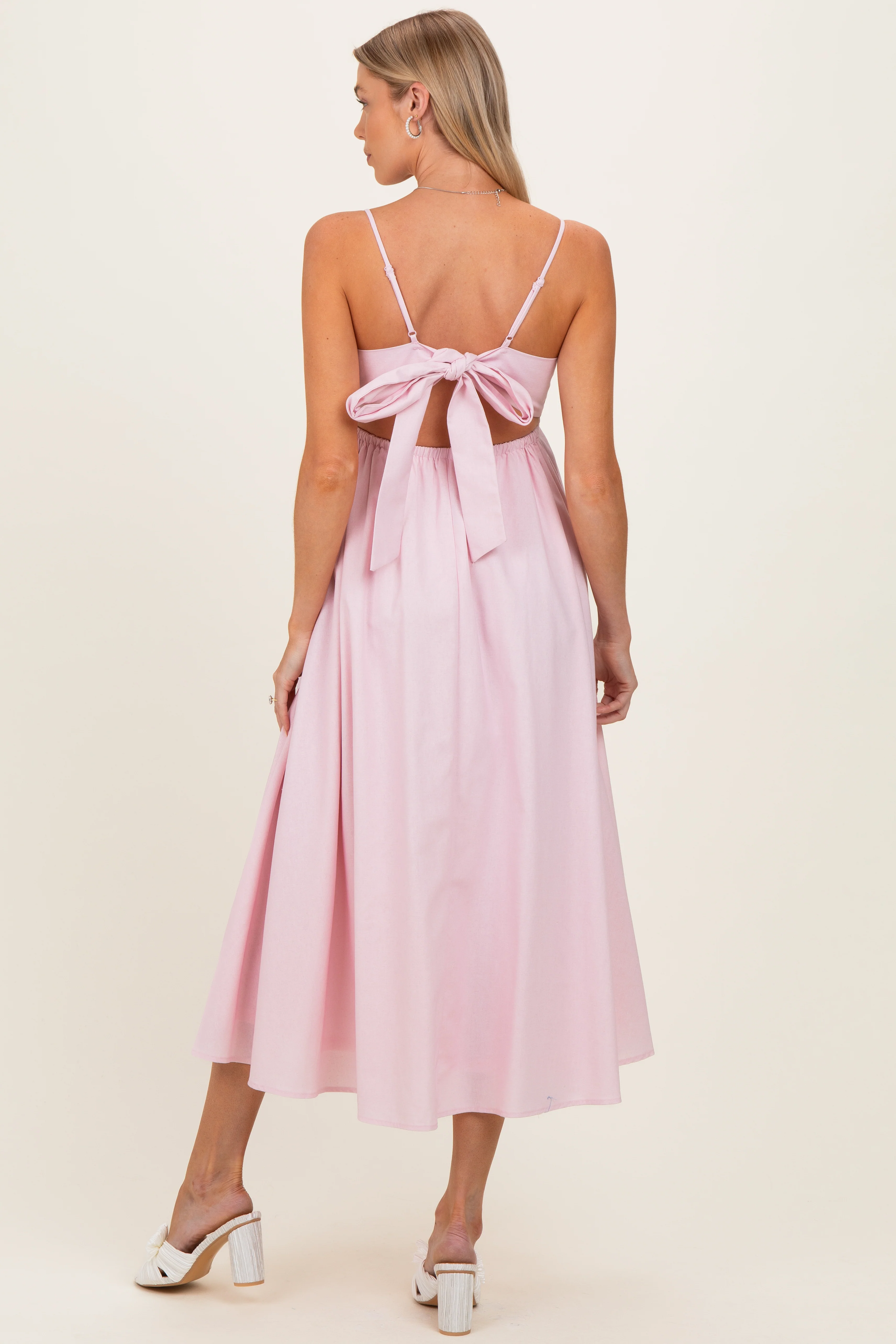 Light Pink Linen Sleeveless Tie Back Flared Maternity Midi Dress - Image 3