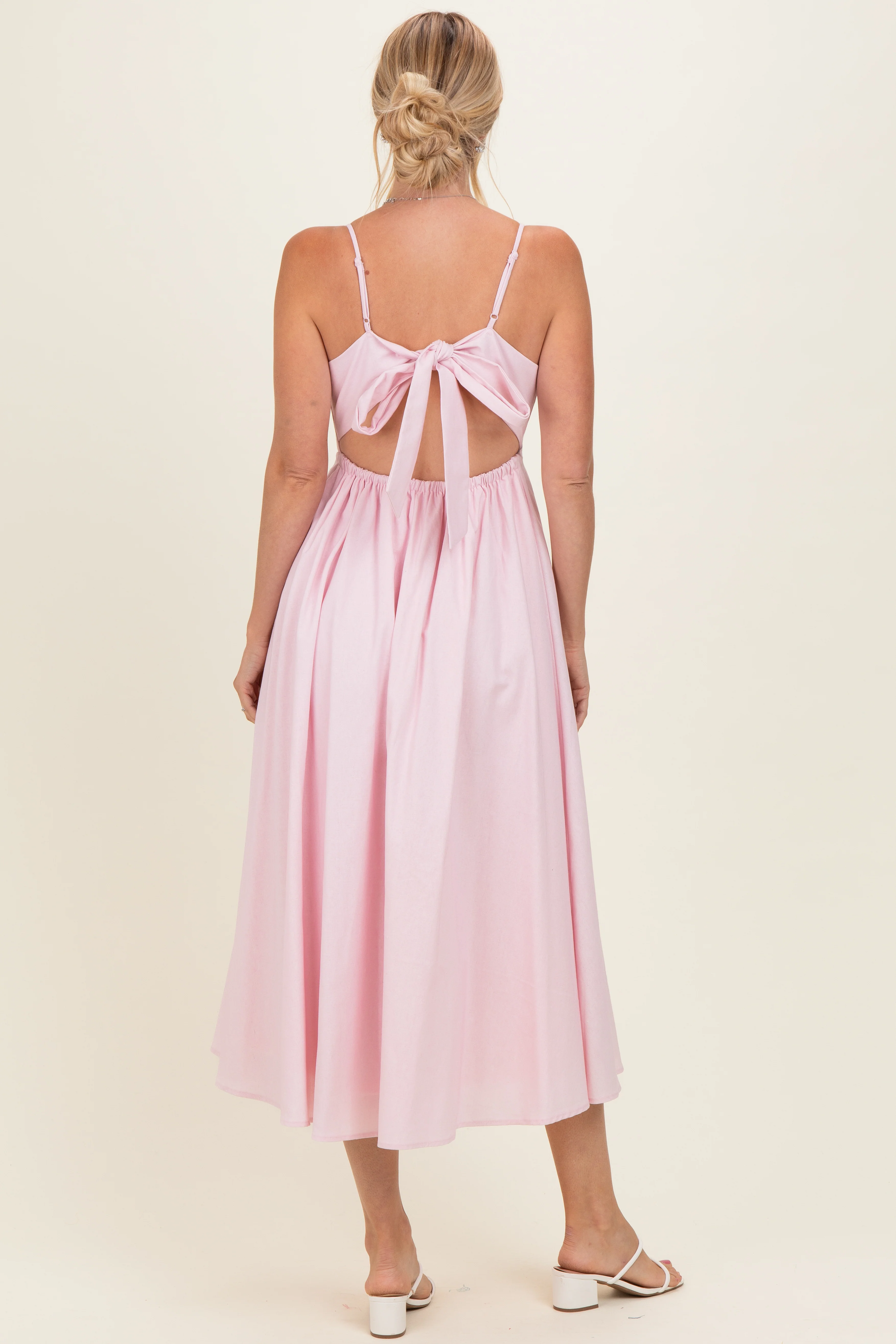 Light Pink Linen Sleeveless Tie Back Flared Midi Dress - Image 3
