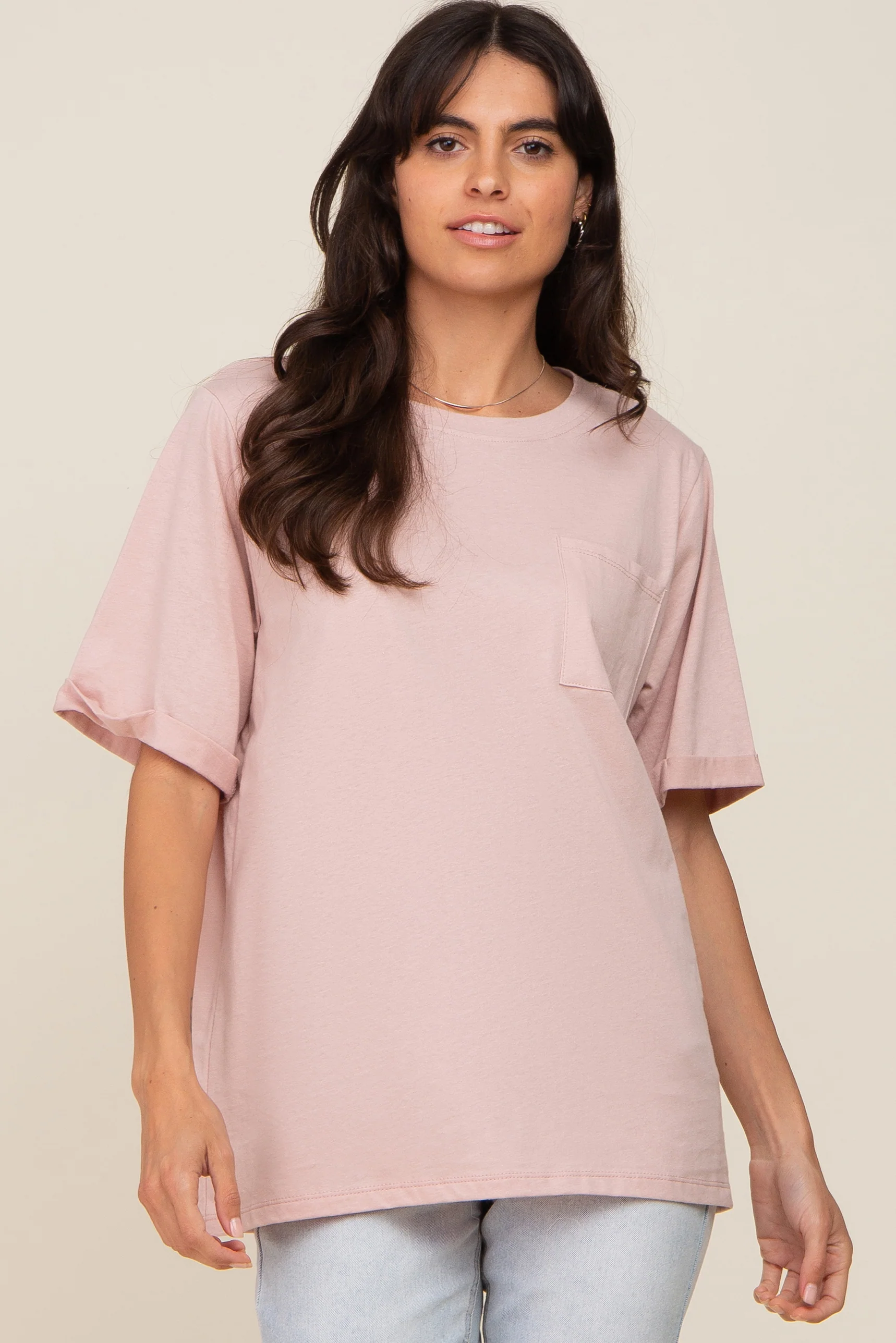Light Pink Oversized Pocket Front Short Sleeve Maternity Top - Image 6