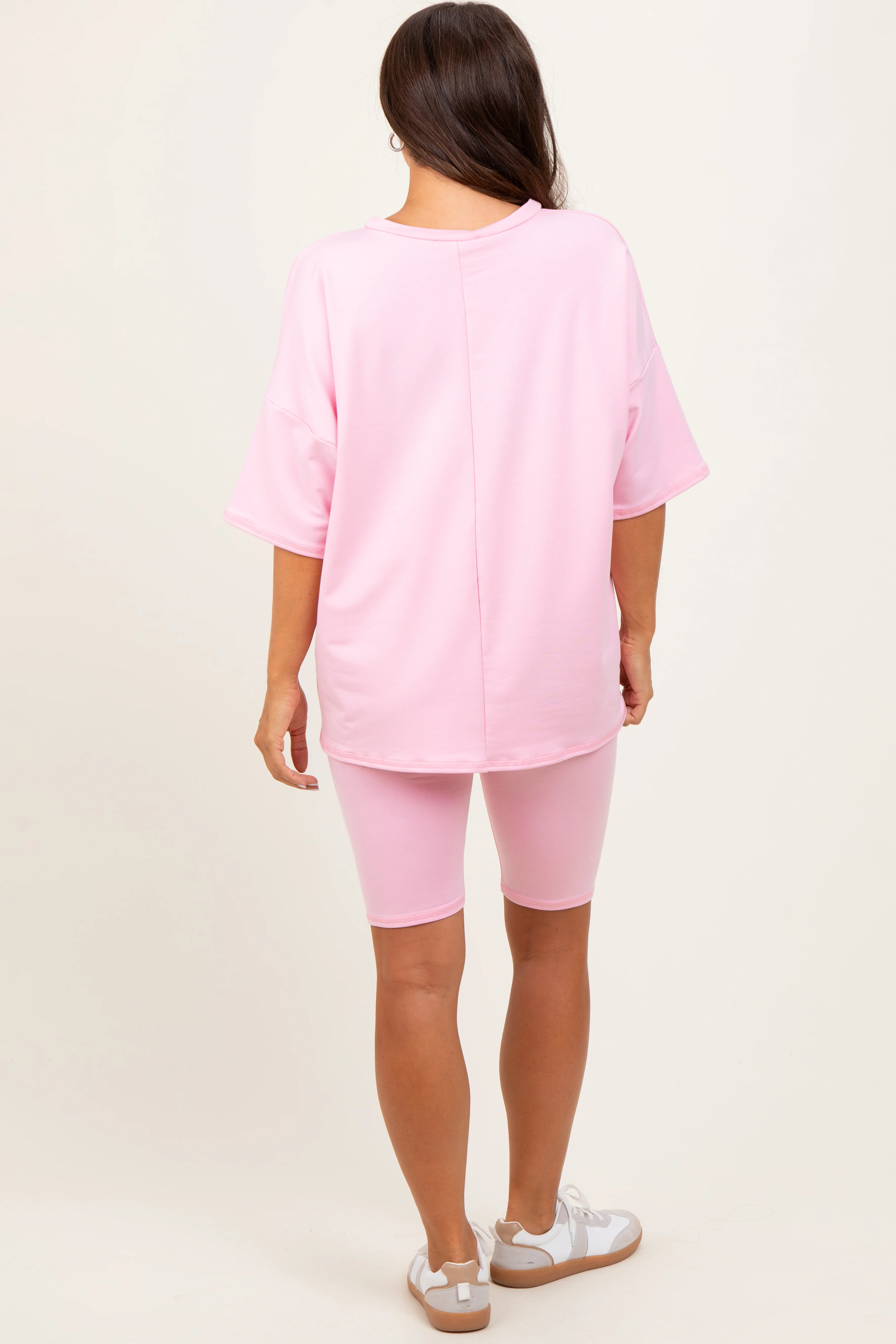 Light Pink Oversized Short Sleeve Biker Short Maternity Set - Image 4