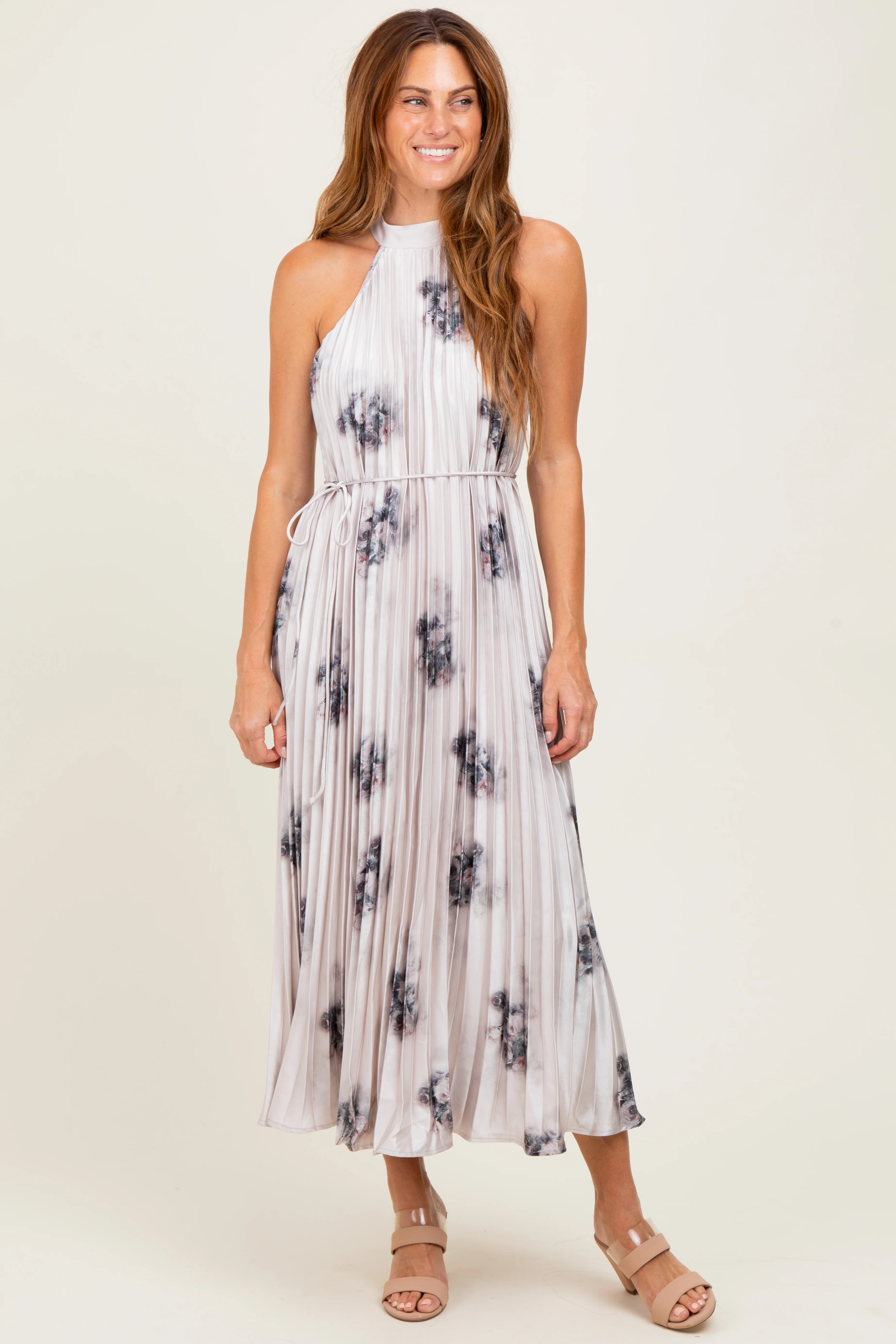 Light Pink Printed Pleated Maternity Halter Dress - Image 5