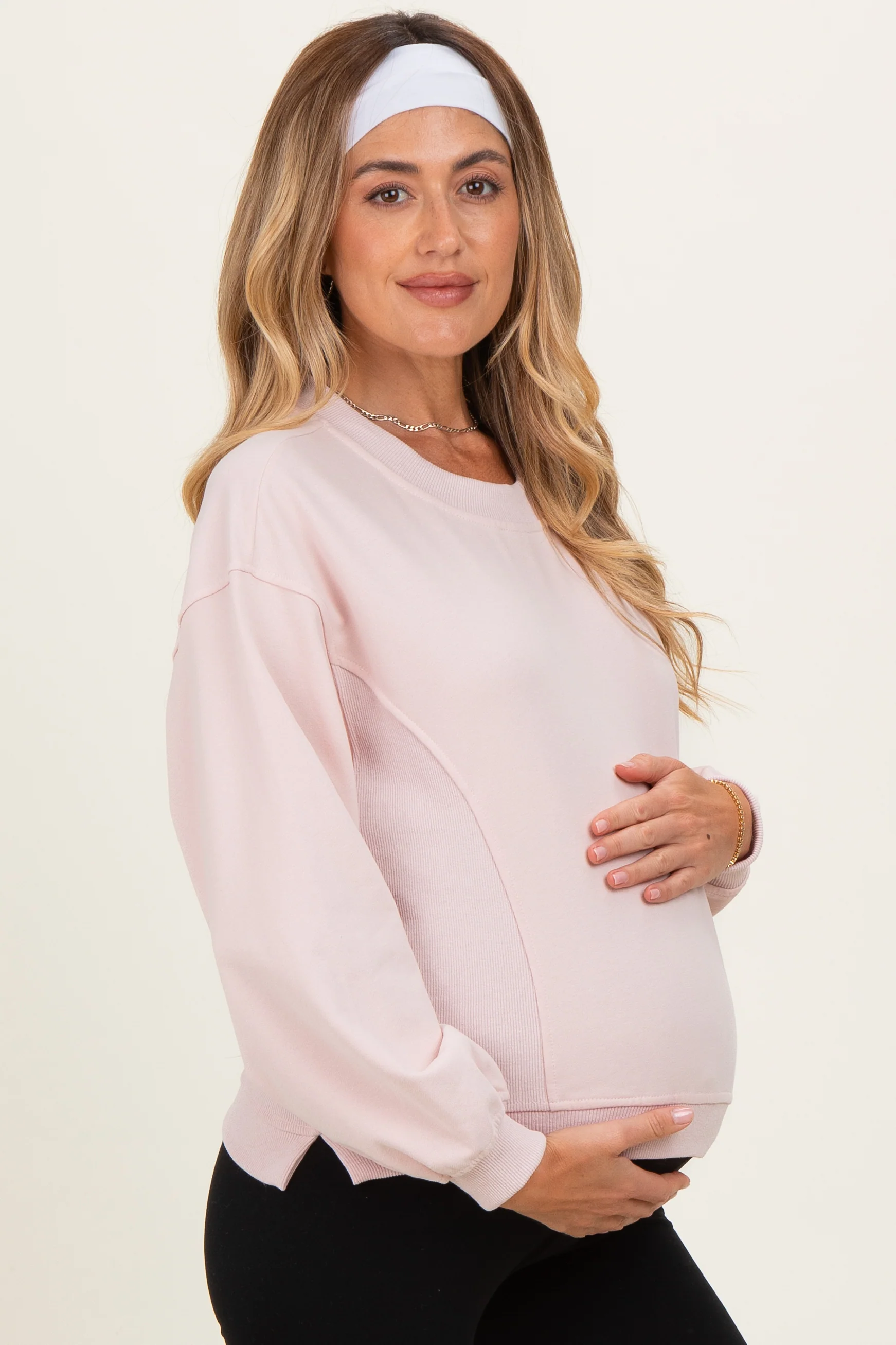 Light Pink Relaxed Crewneck Maternity Pullover - Image 3