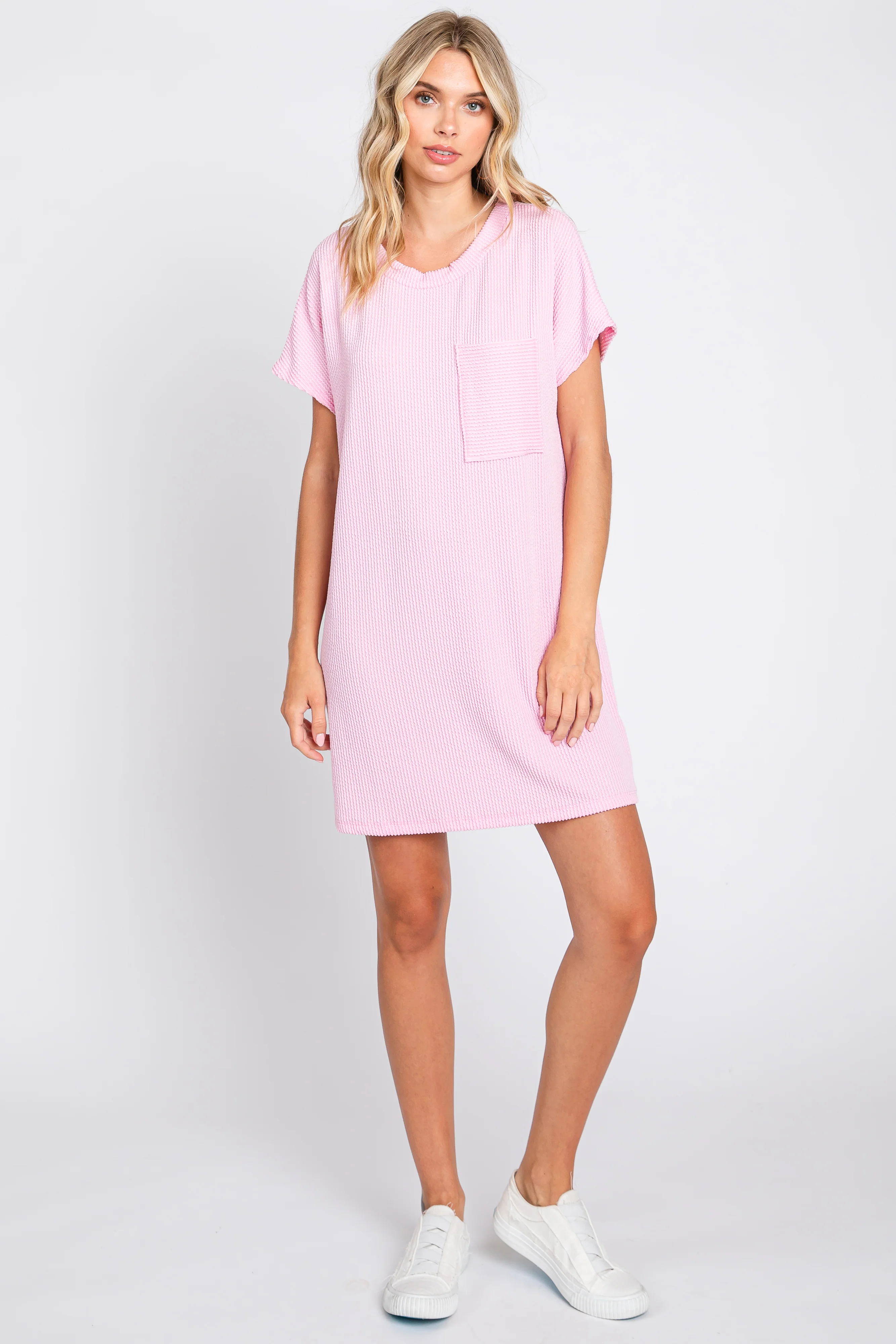 Light Pink Ribbed Front Pocket Dolman Short Sleeve Maternity Dress - Image 7