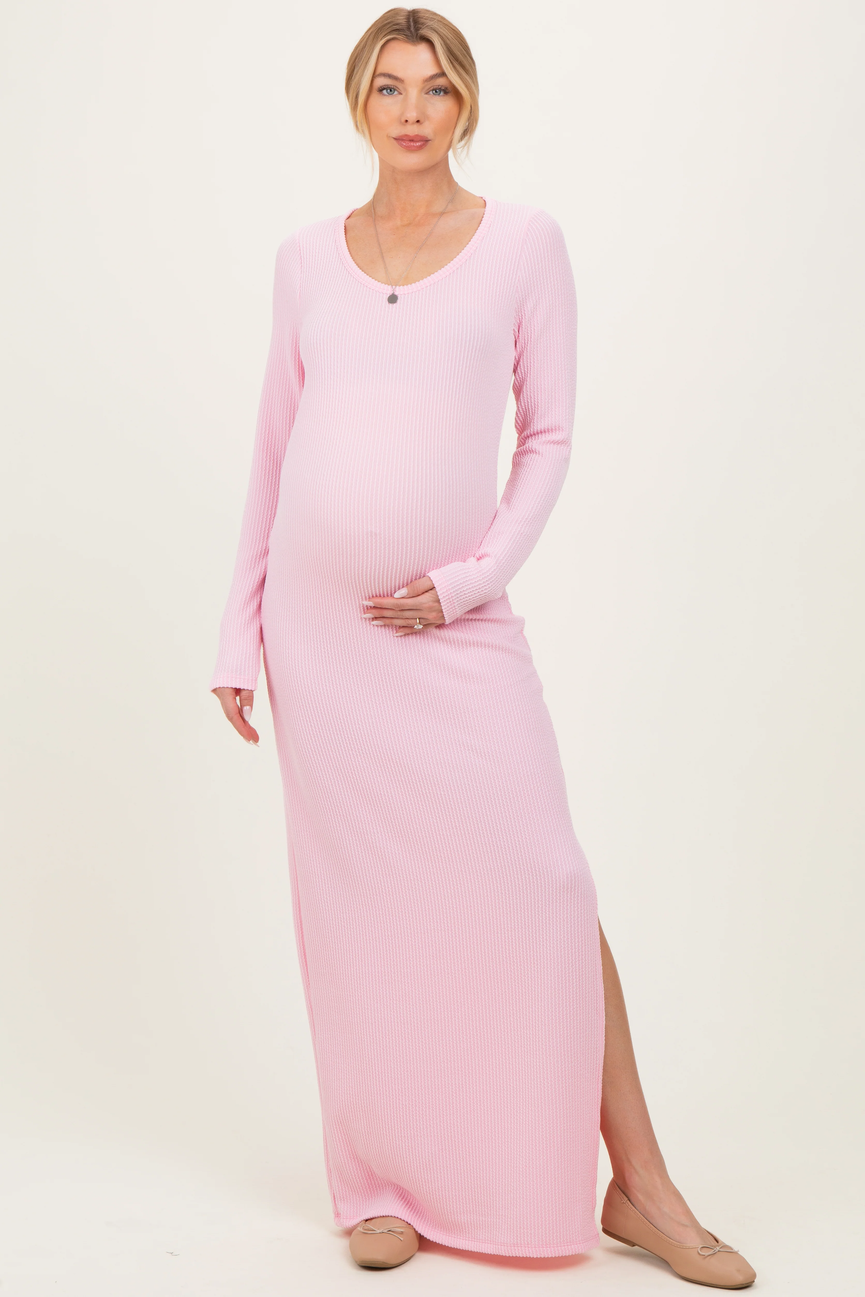 Light Pink Ribbed Long Sleeve Side Slit Maternity Maxi Dress