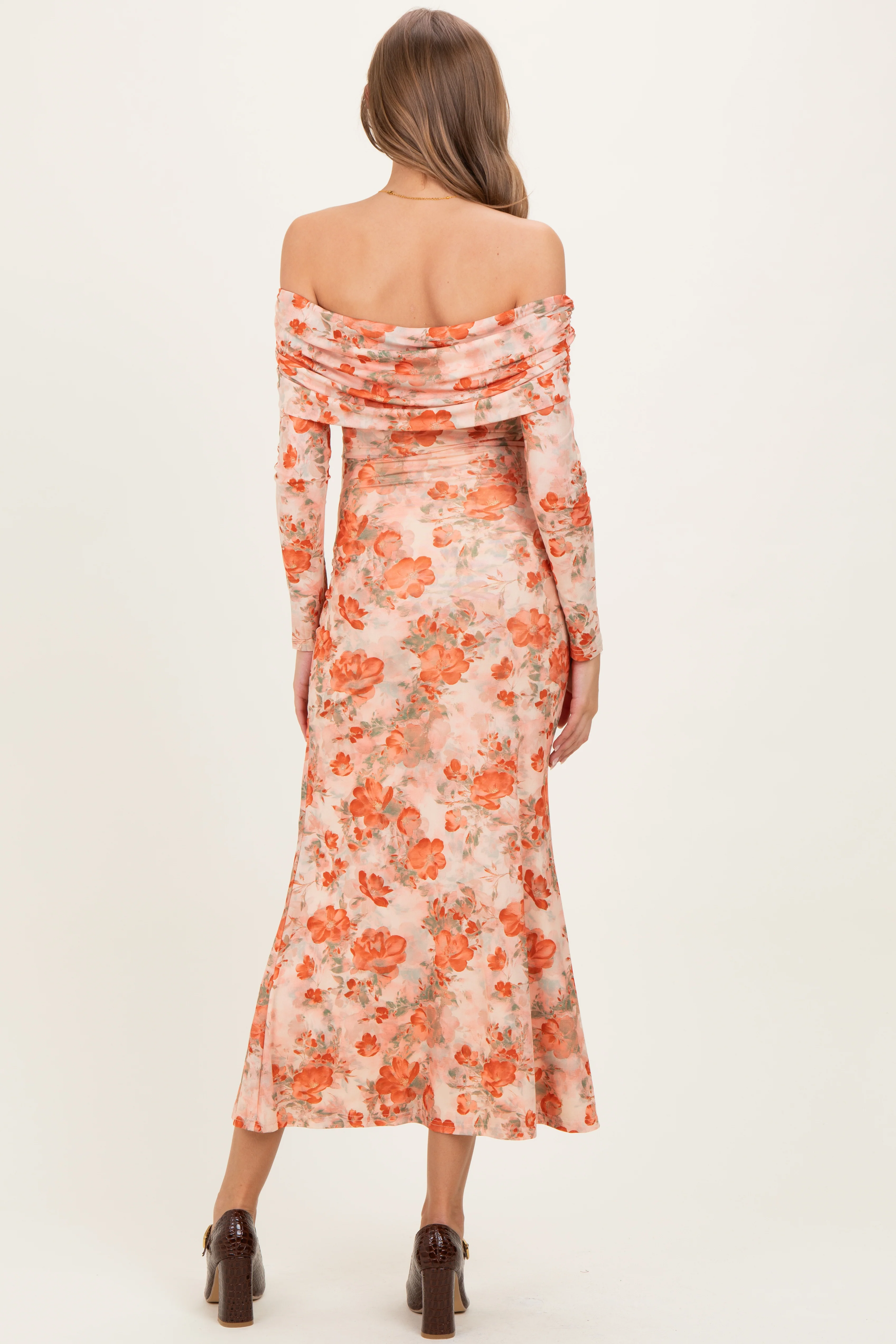 Light Pink Rose Floral Off Shoulder Maternity Maxi Dress - Image 4