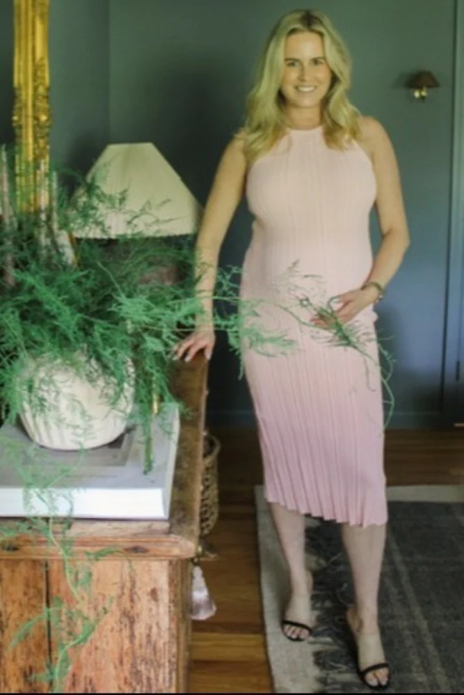 Light Pink Round Neck Bodycon Ribbed Knit Maternity Midi Dress - Image 4
