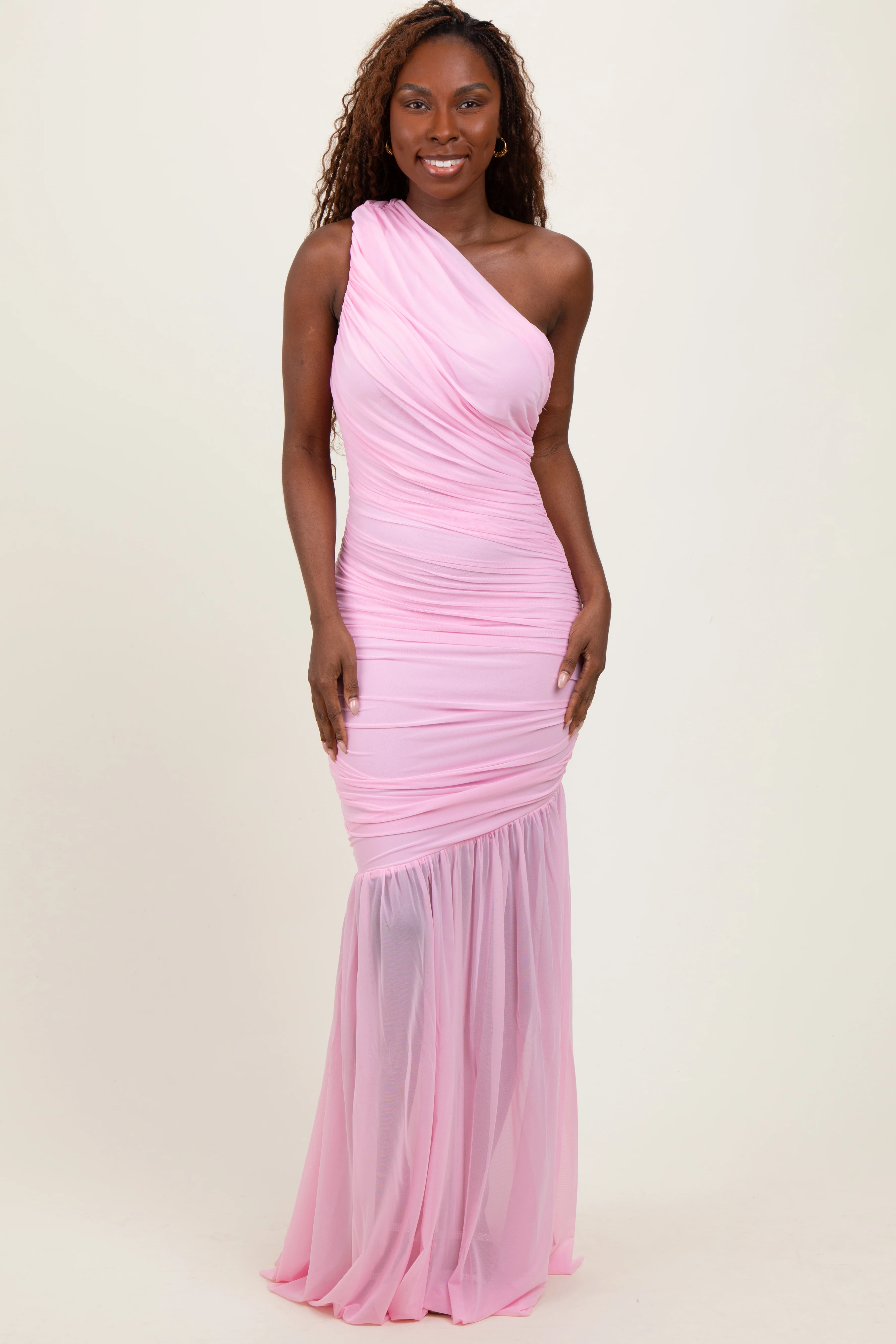 Light Pink Ruched Mesh One Shoulder Maternity Maxi Dress - Image 5