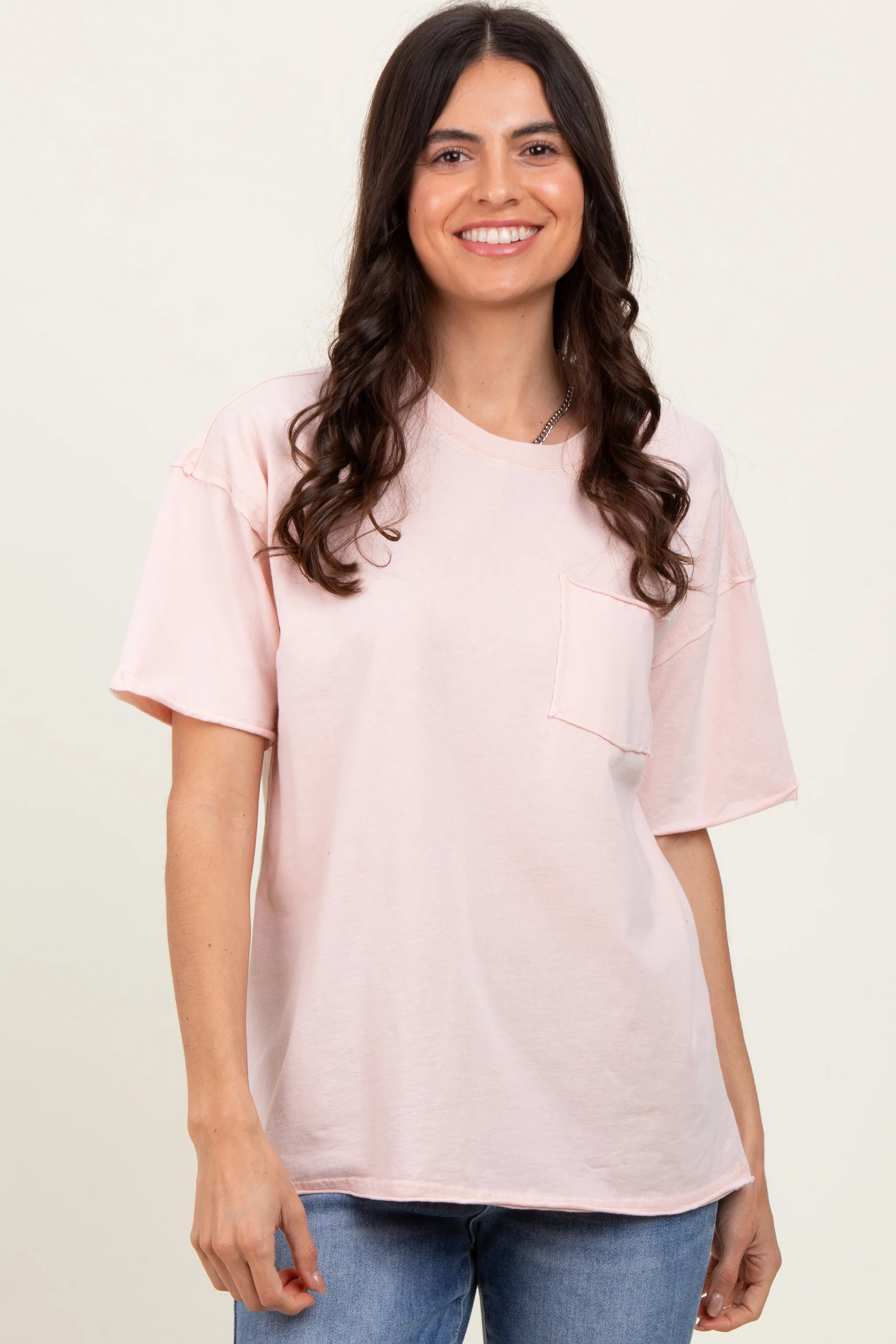 Light Pink Short Sleeve Front Pocket Tunic Maternity Top - Image 4