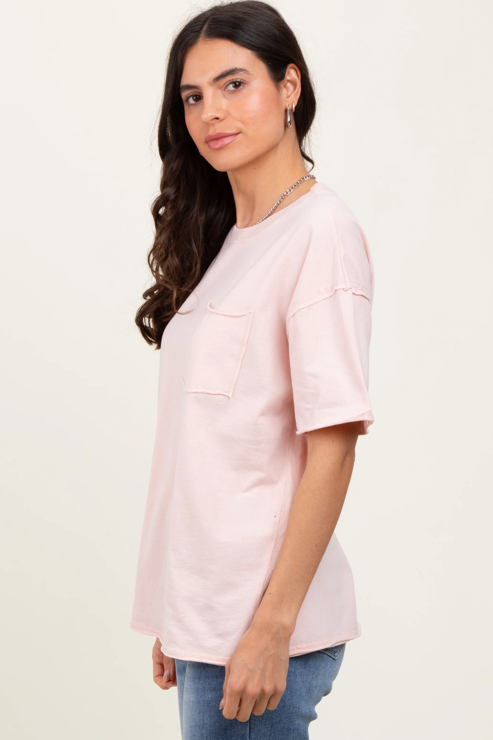 Light Pink Short Sleeve Front Pocket Tunic Top - Image 3