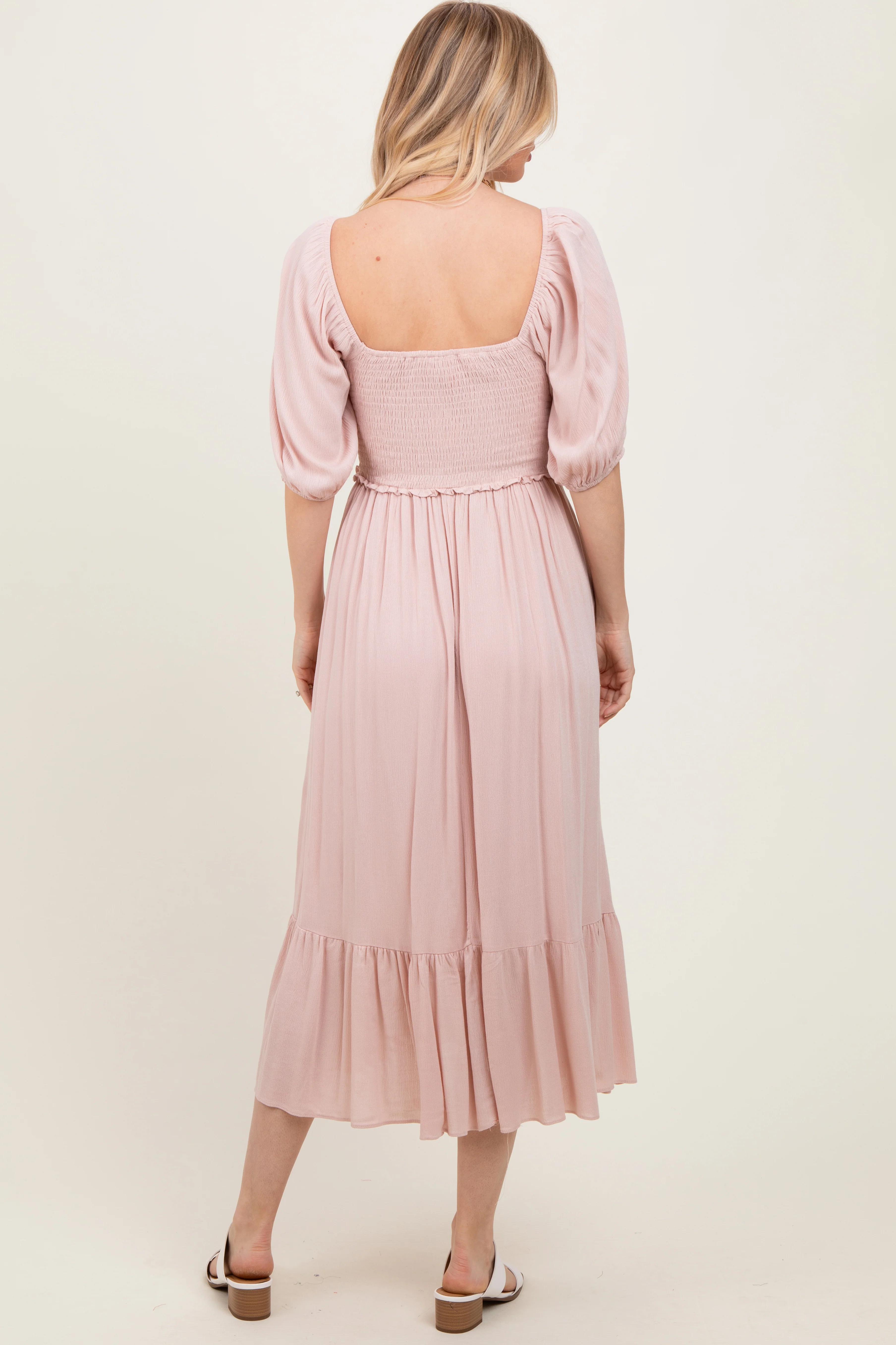 Light Pink Smocked Cinched Front Maxi Dress - Image 4