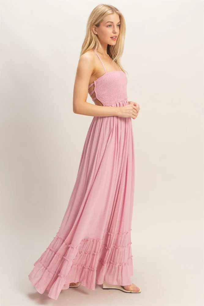 Light Pink Smocked Halter Open Back Maxi Dress - Image 3